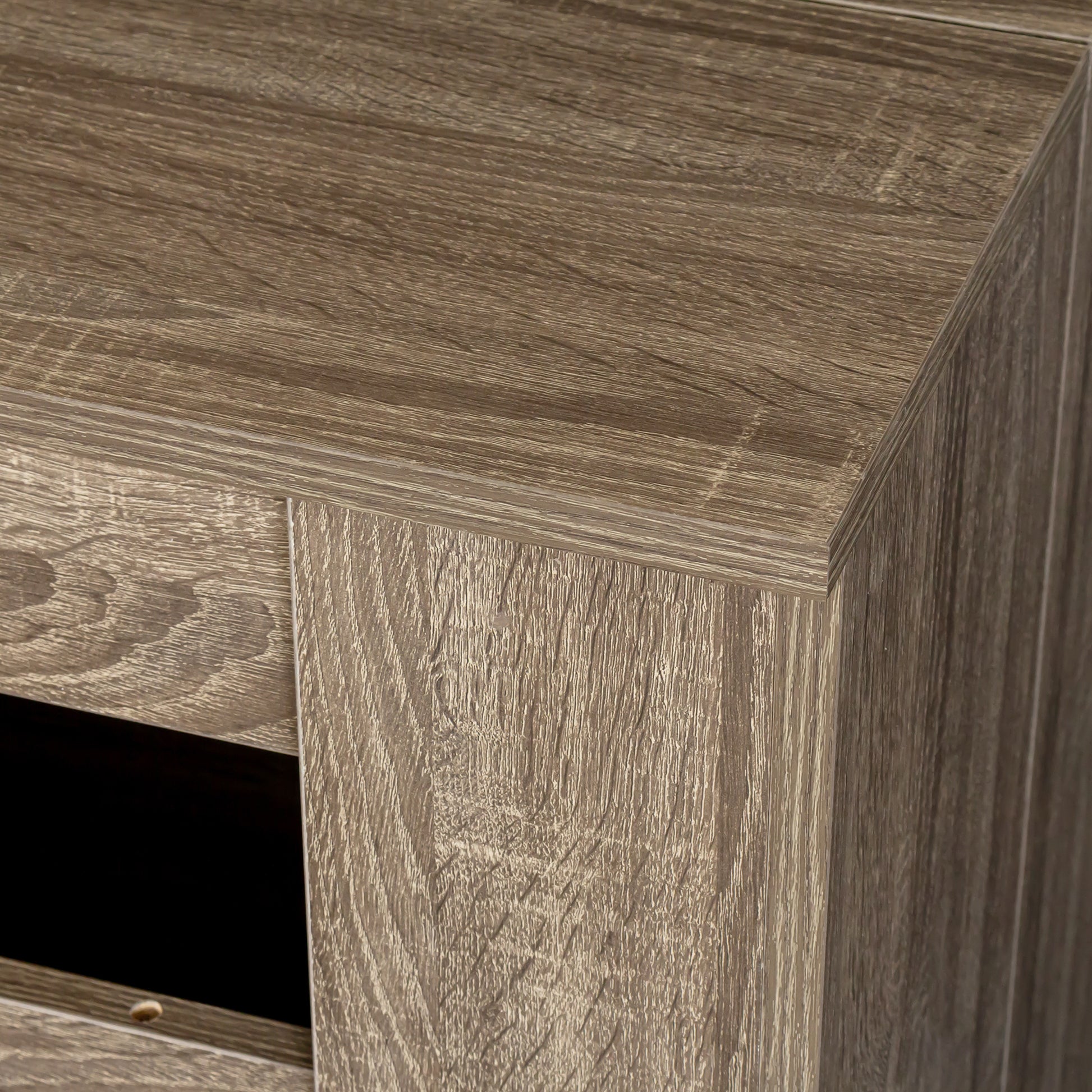 Taupe wood grain laminate bookshelf detail