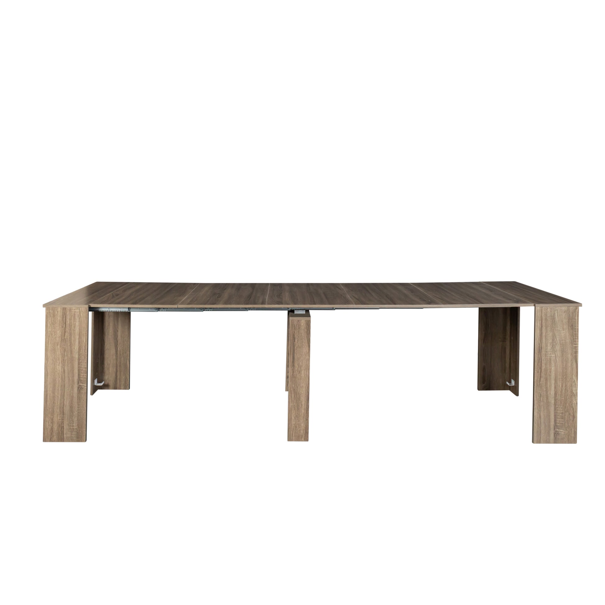 Expandable oak dining table with metal drawer slides and sturdy legs