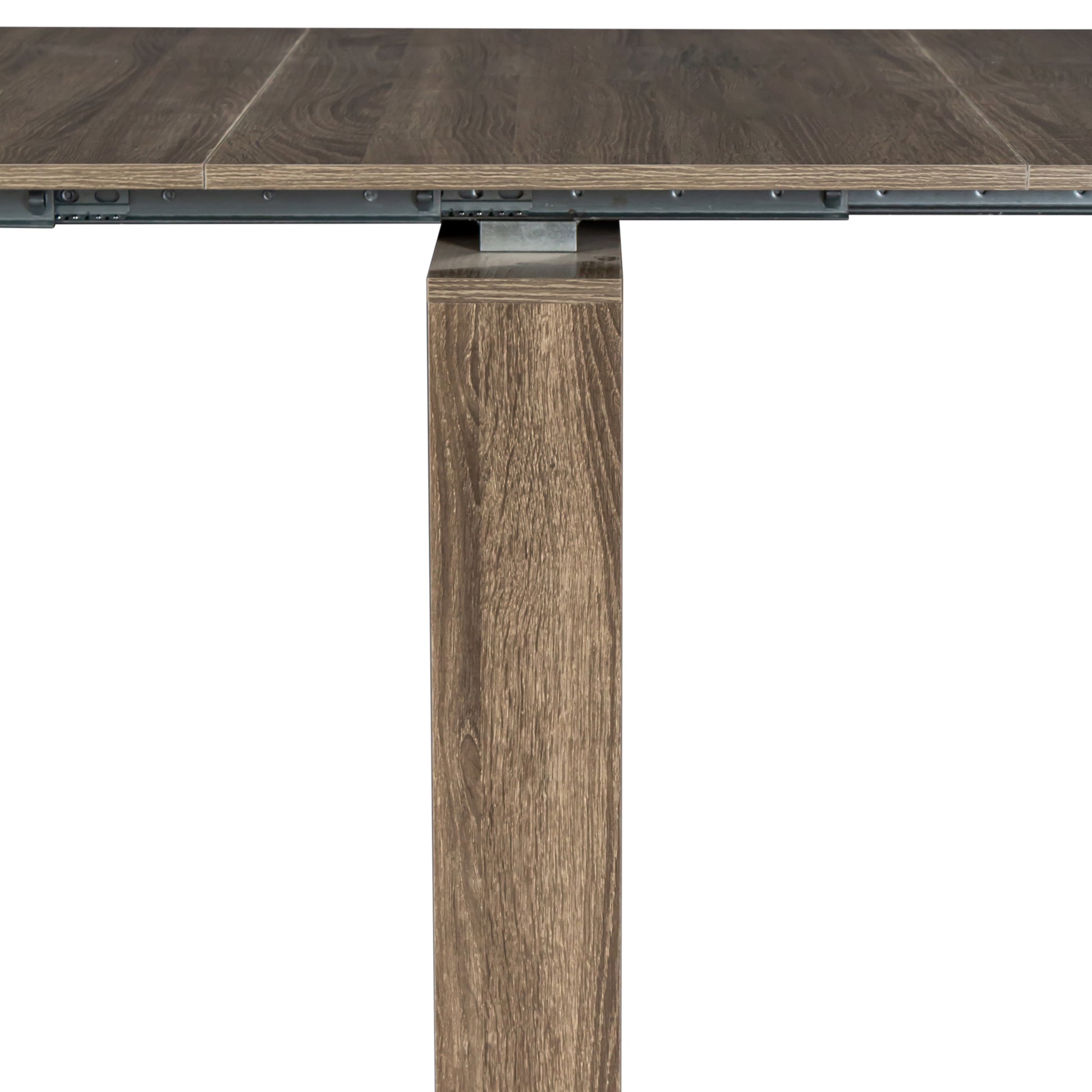 Dark oak extending dining table with metal mechanism detail