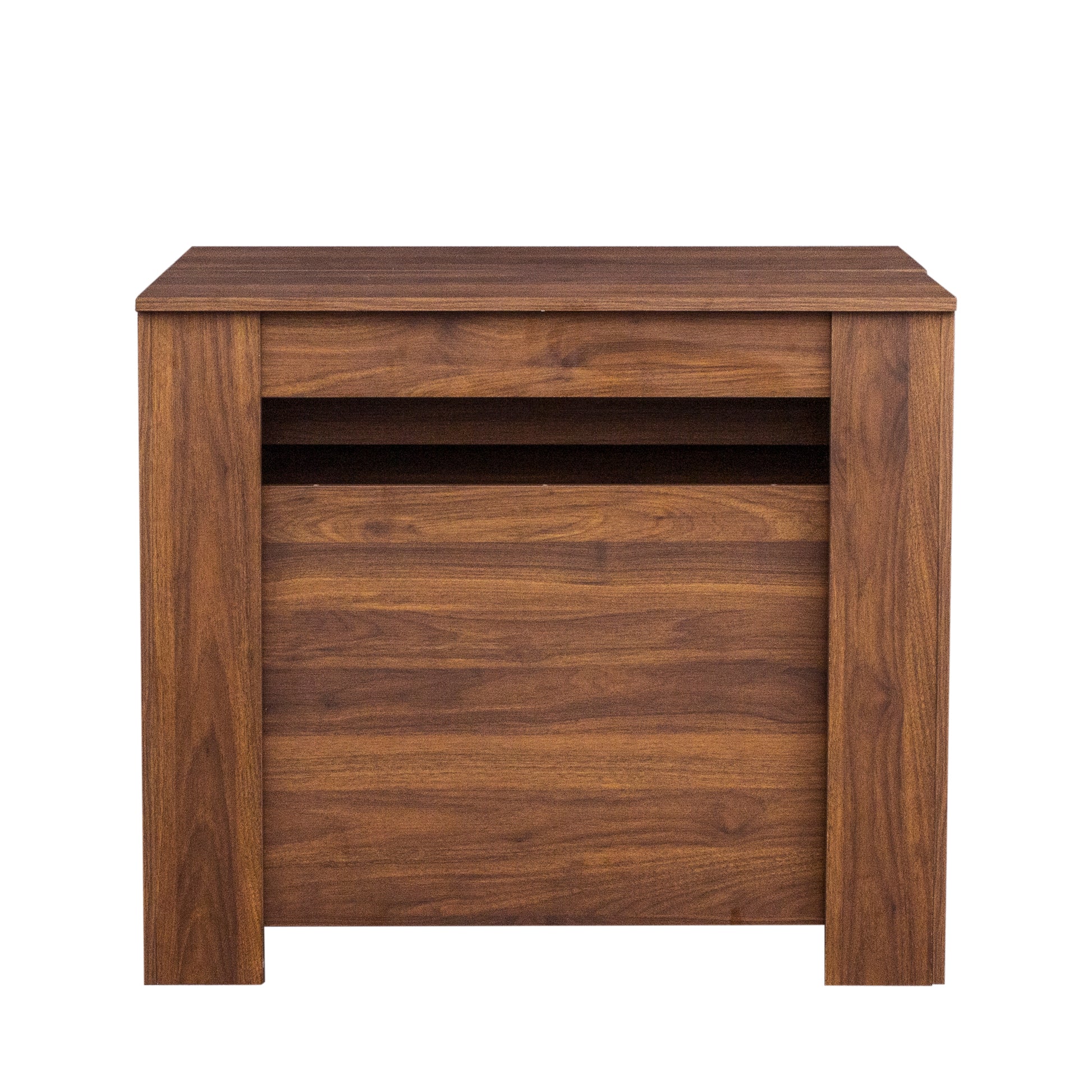 Modern walnut wood nightstand with a single drawer and open shelf