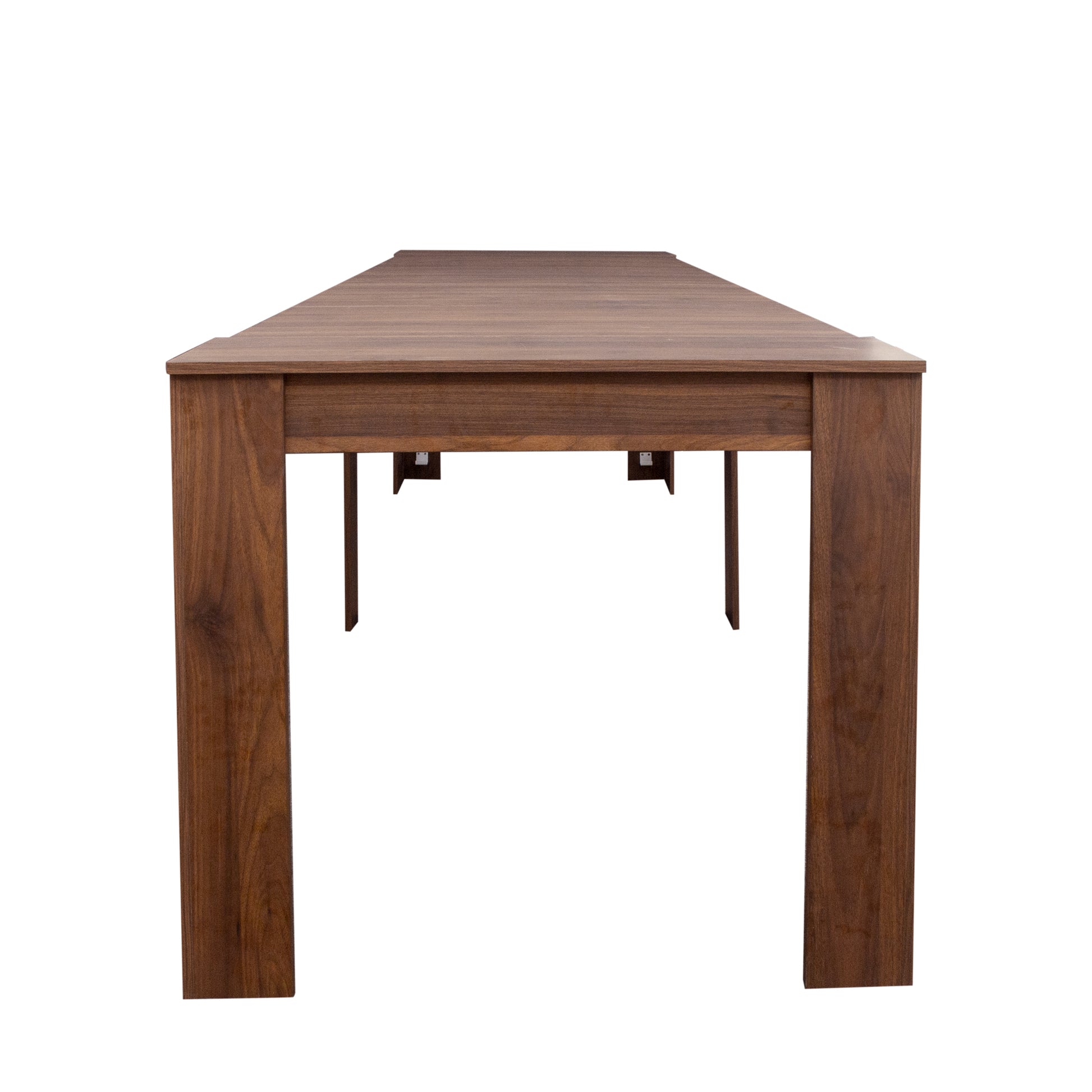 Long dark walnut dining table with sturdy square legs