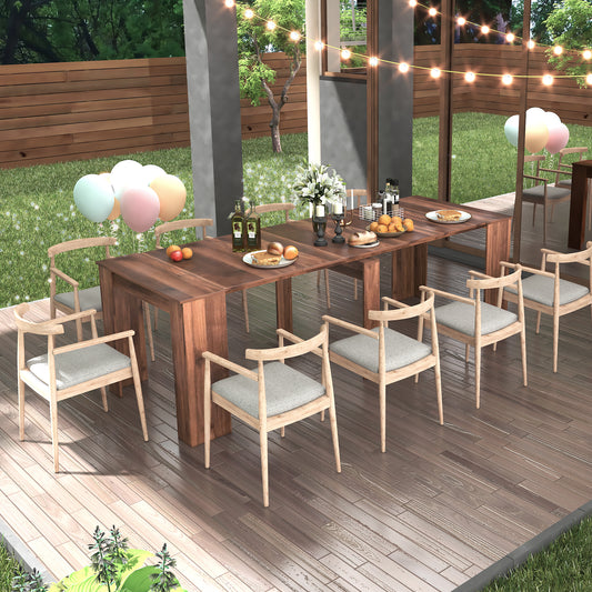 Wooden dining table set with upholstered chairs for outdoor entertaining