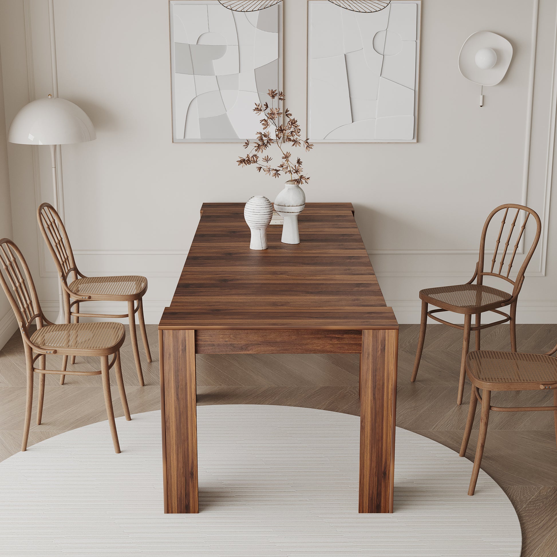 Dark wood dining table with natural wood chairs
