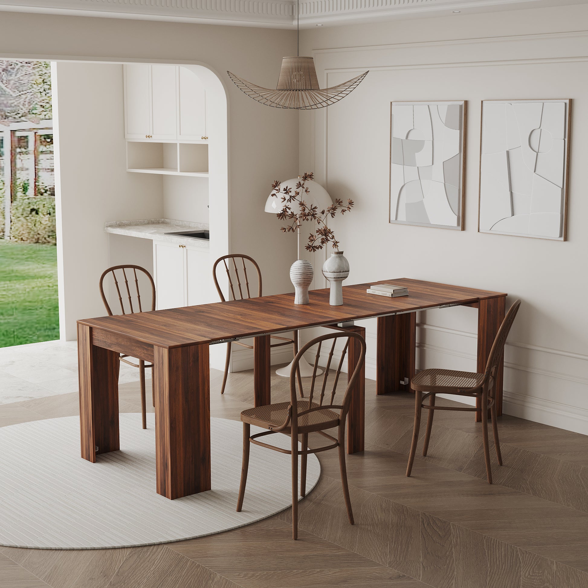Rich walnut extendable dining table with four spindleback chairs