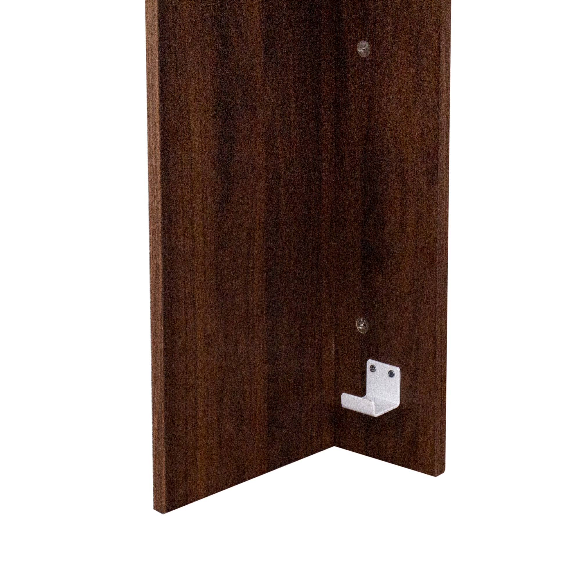 Dark wood shelf corner with white Lshaped bracket