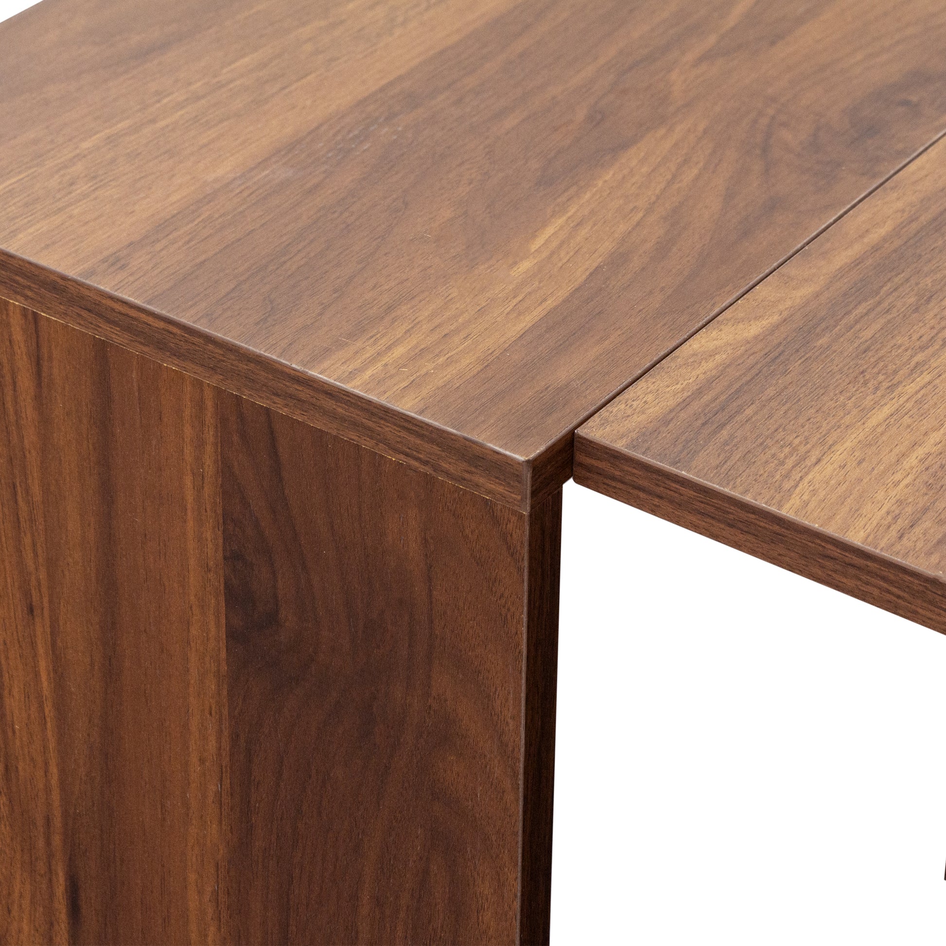 Rich brown walnut wood veneer cabinet corner detail