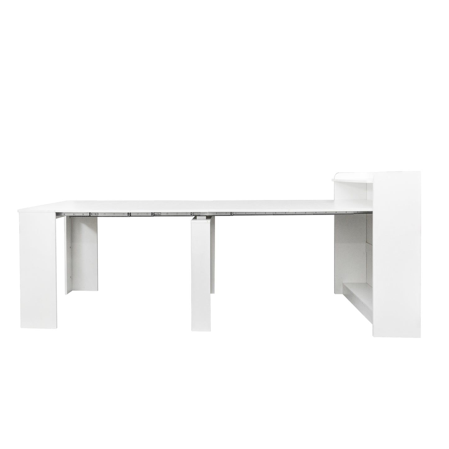 White extendable dining table with hidden leaf mechanism