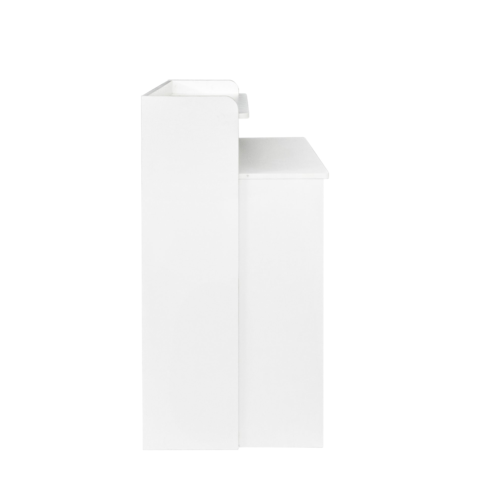 White modern dresser side view with layered shelving for storage