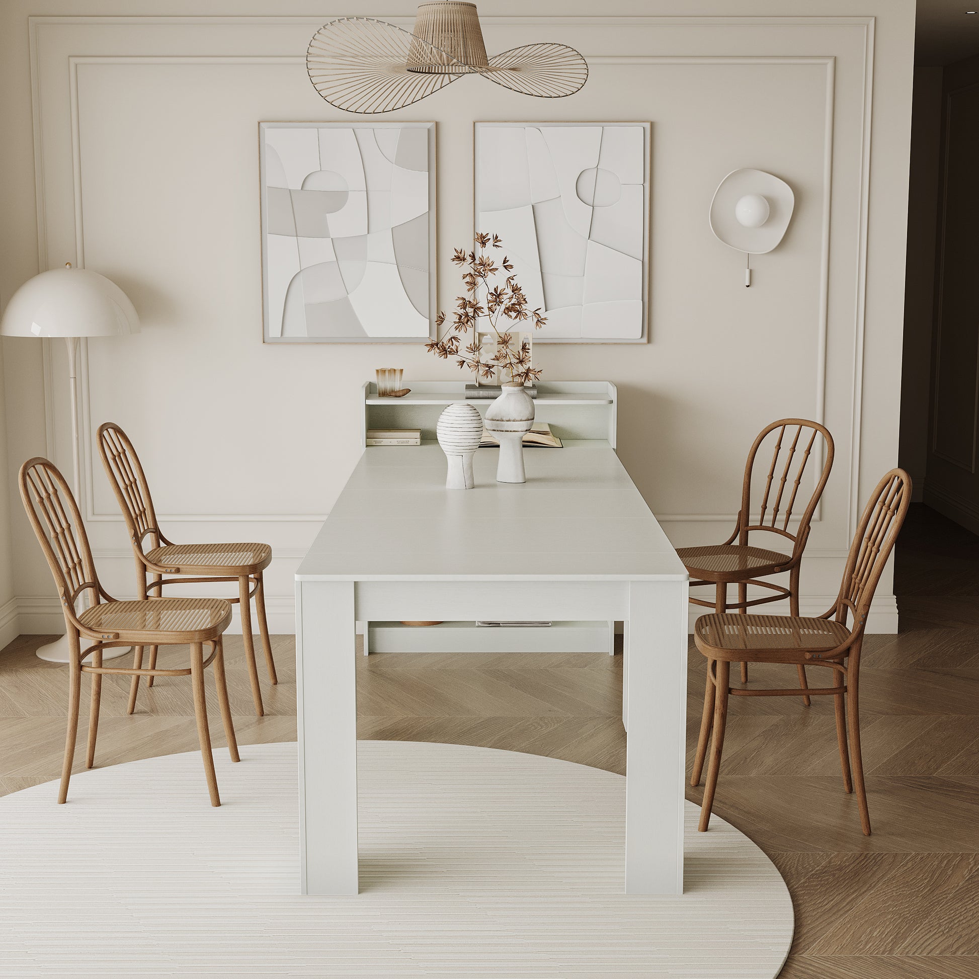 Modern minimalist dining table set with four woodframe chairs and woven seats