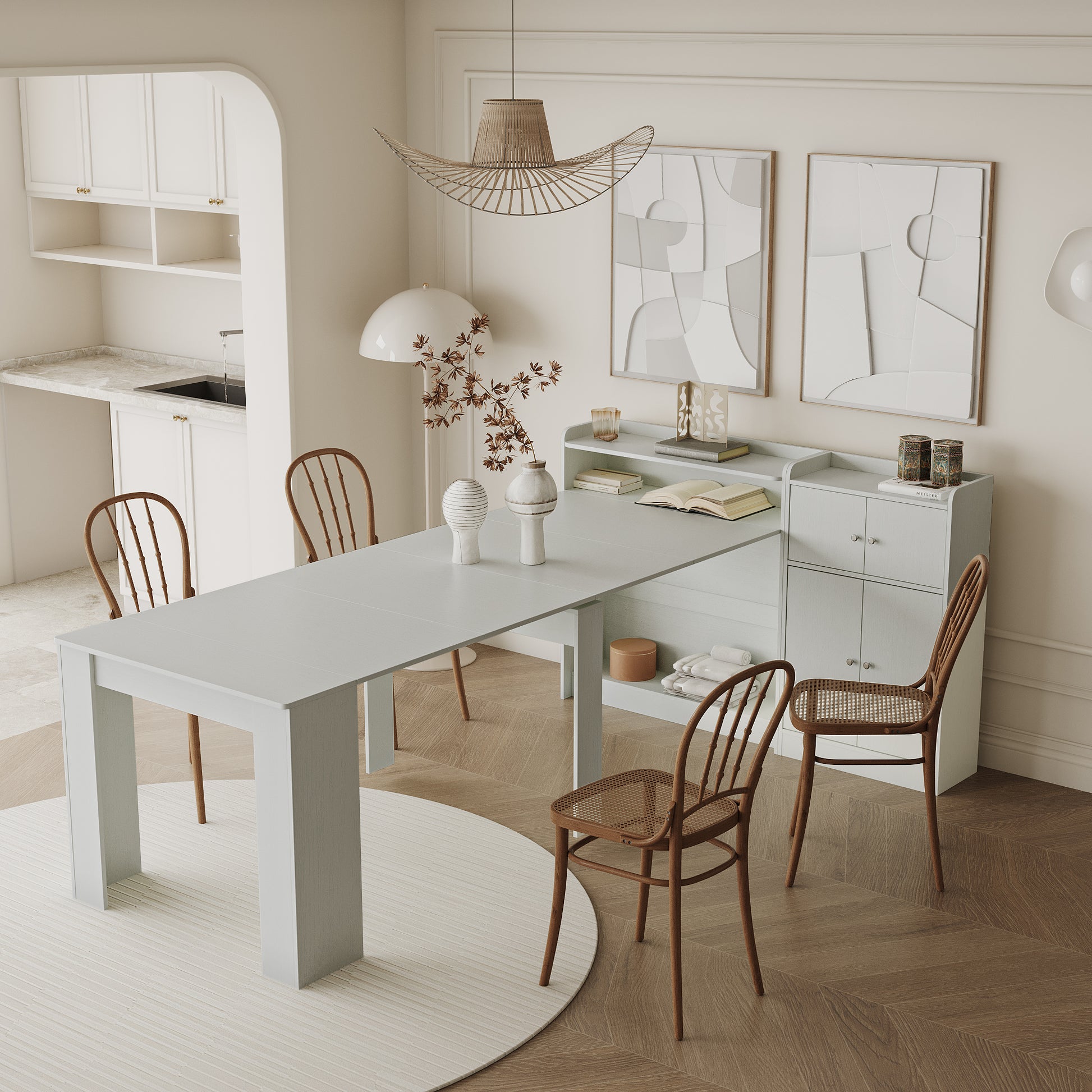 Light blue extendable dining table with woven chairs