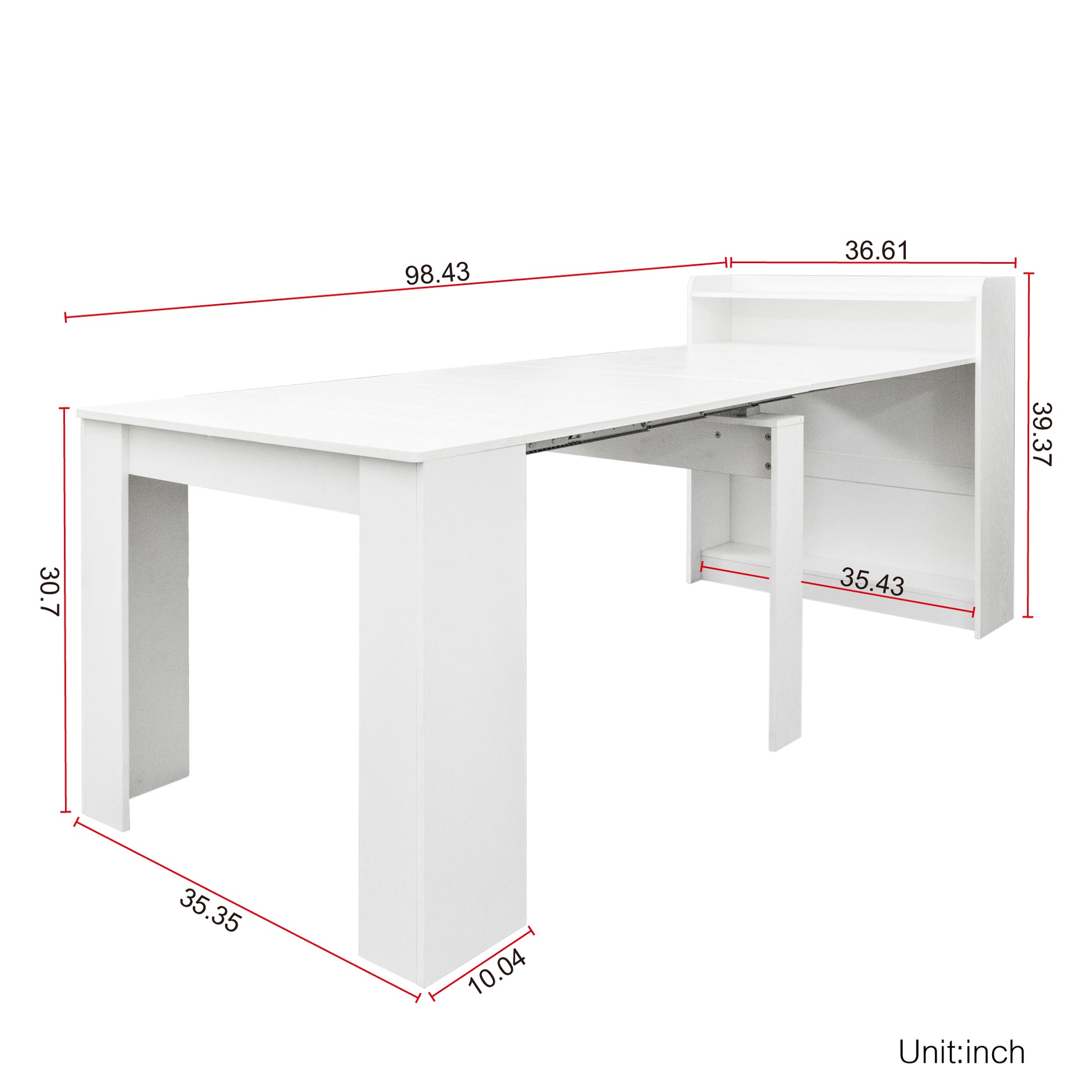 White extendable desk with builtin shelving unit