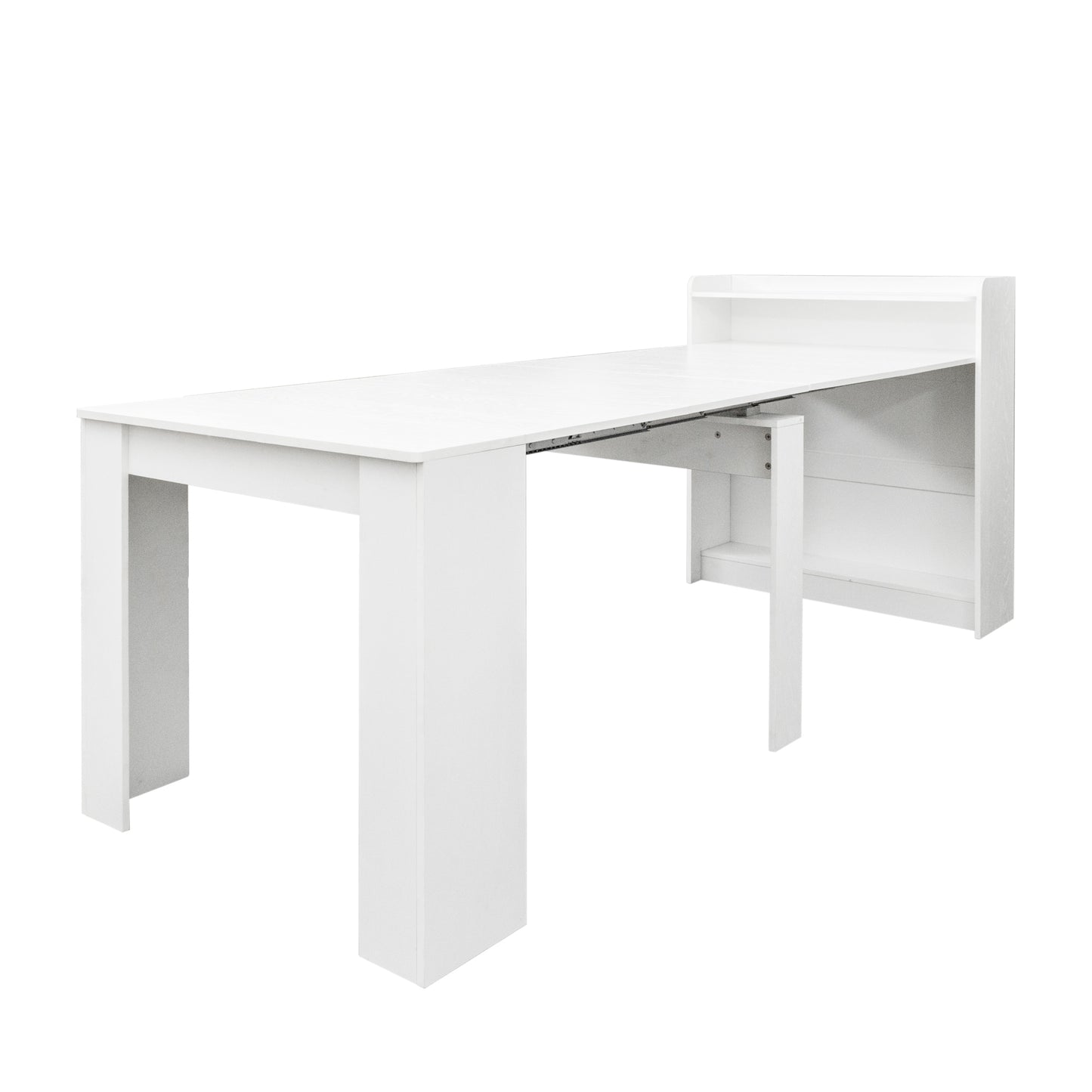 White modern extendable dining table with storage shelf