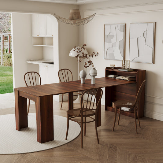 Dark walnut expandable dining table with caneback chairs
