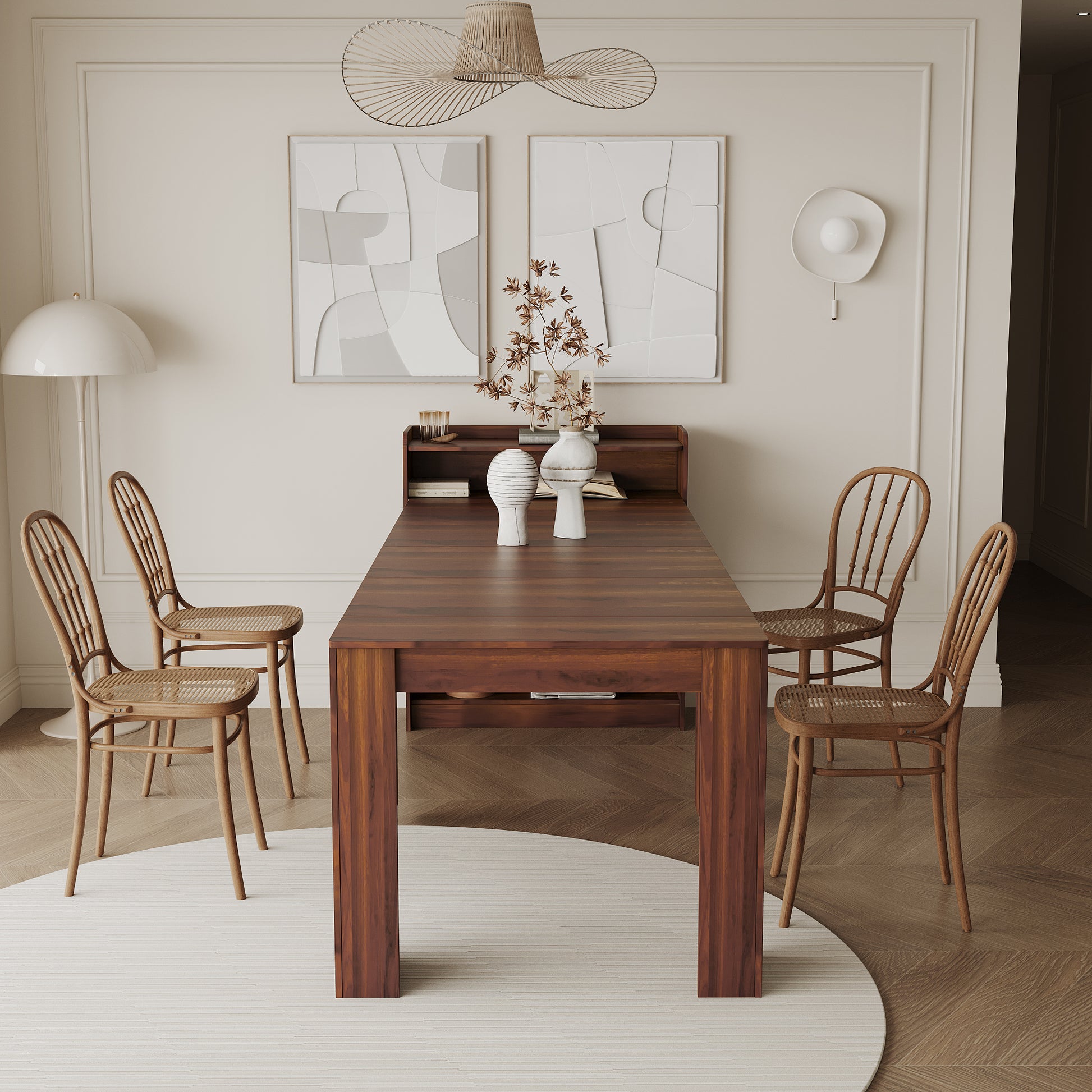 Dark wood dining table with woven seat chairs for minimalist dining