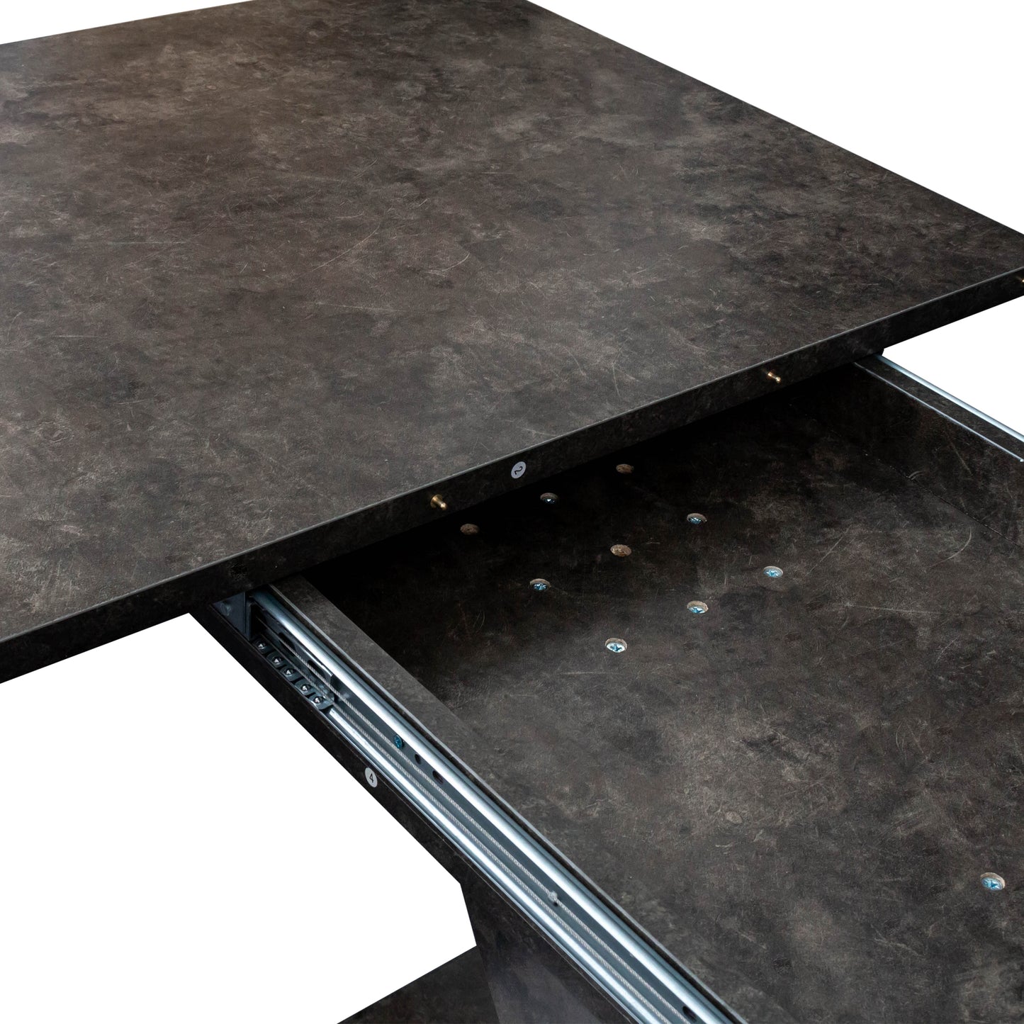 Dark granite extendable dining table surface with metal drawer slides