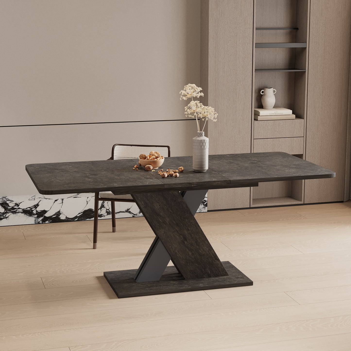 Modern dark gray extendable dining table with Zshaped wood base