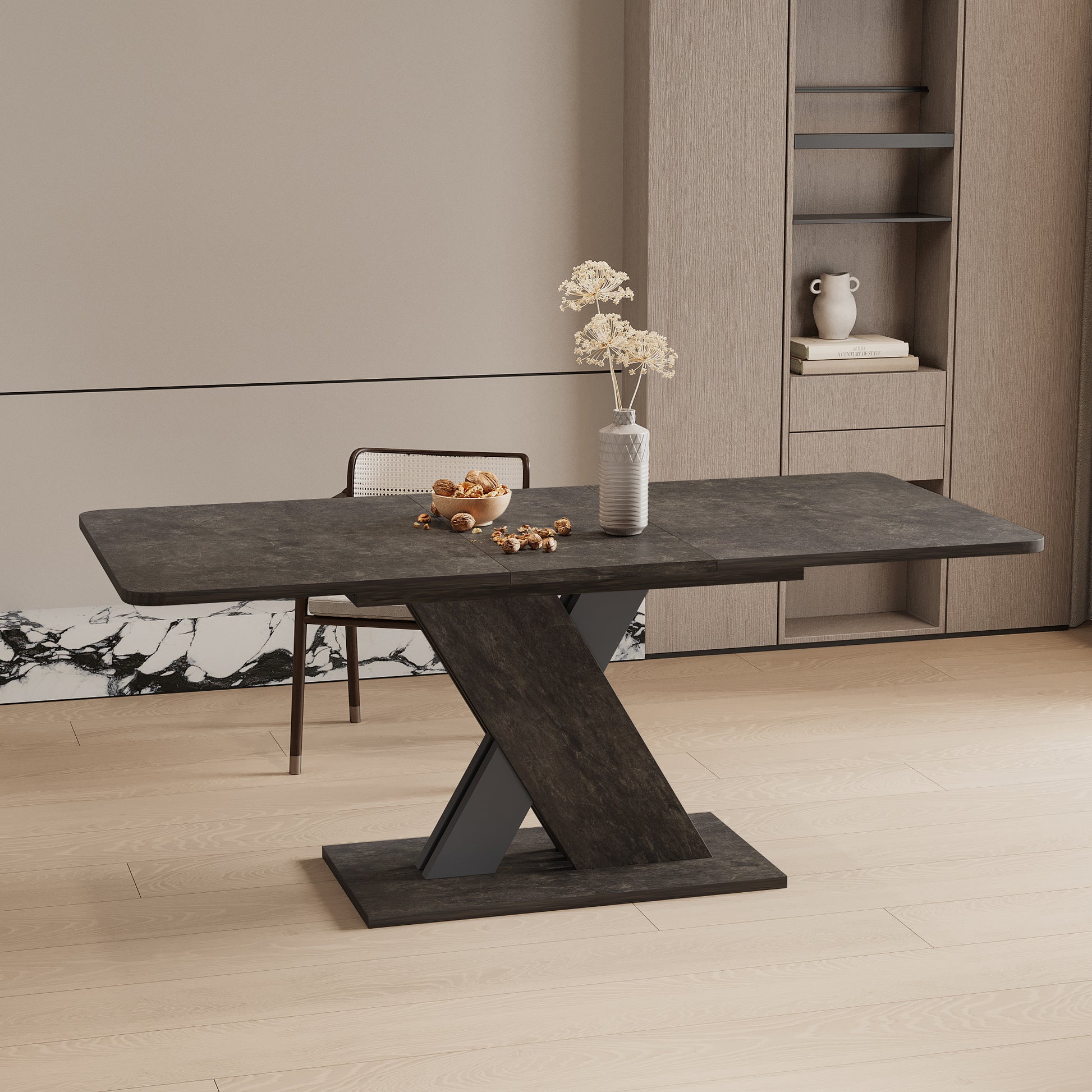 Modern dark gray extendable dining table with Zshaped wood base