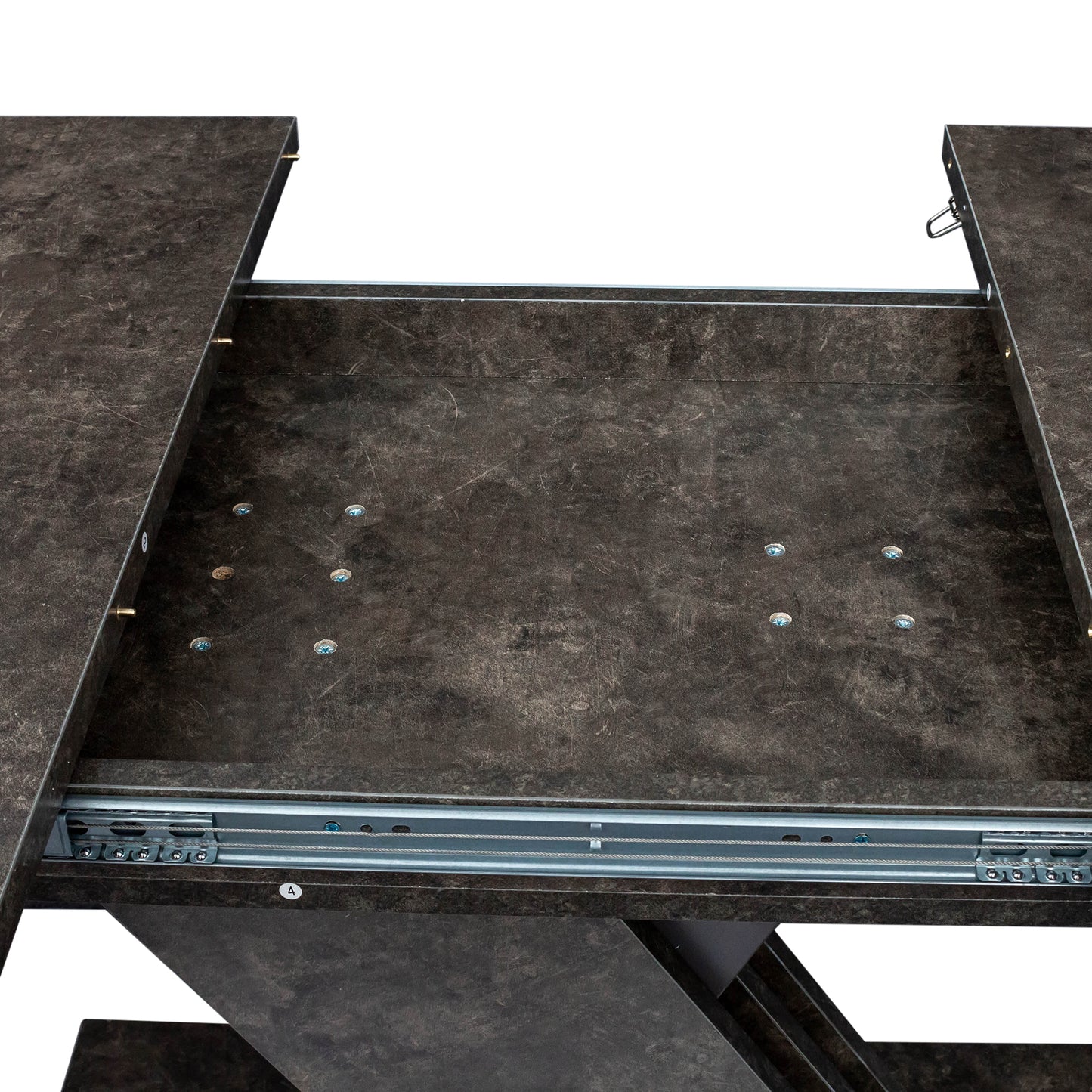 Dark wood extendable dining table mechanism with metal slides