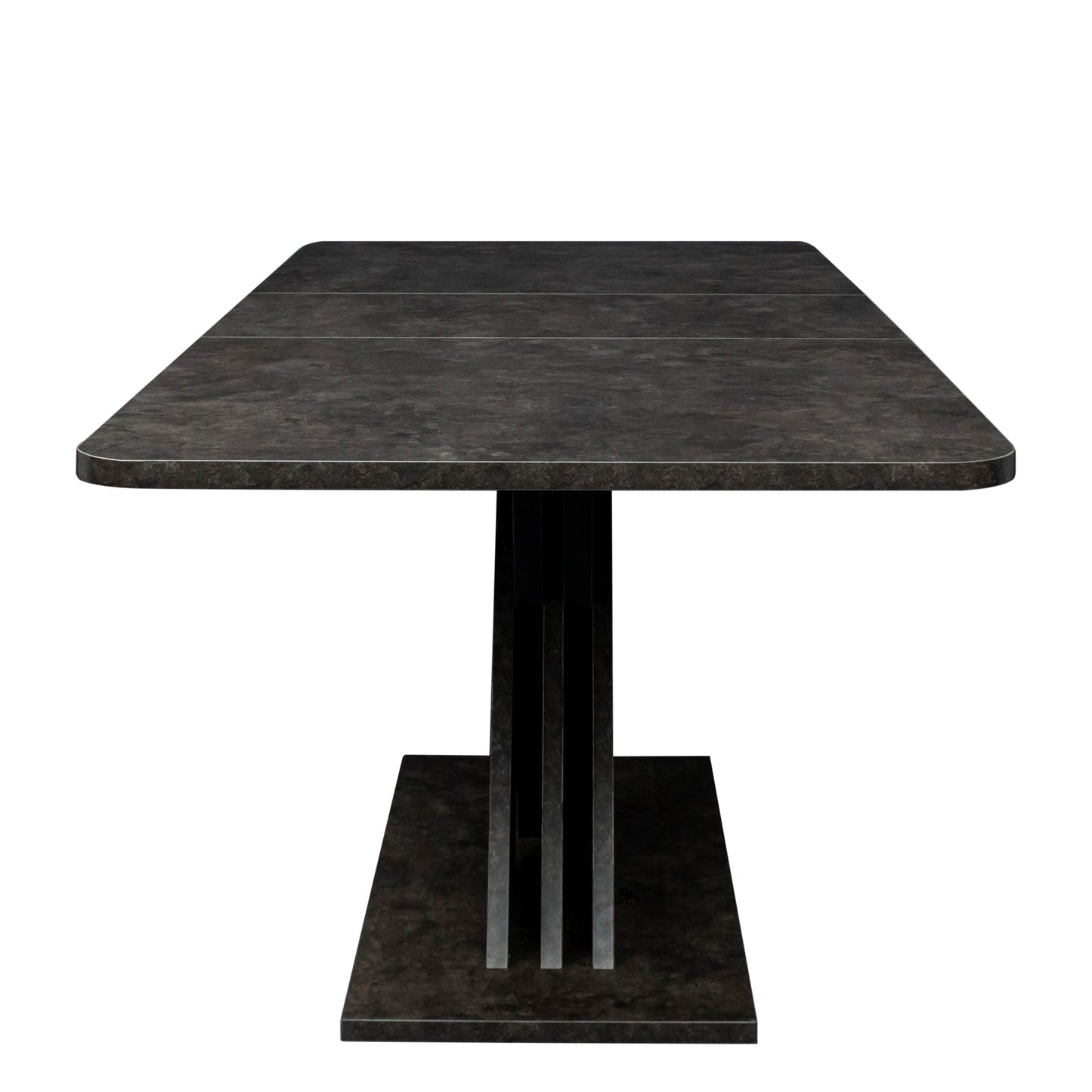 Dark grey stone effect dining table with sleek pedestal base