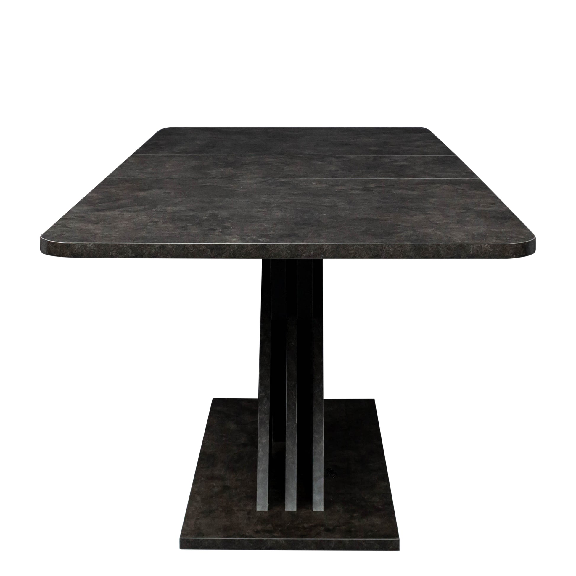 Dark grey stone effect dining table with sleek pedestal base