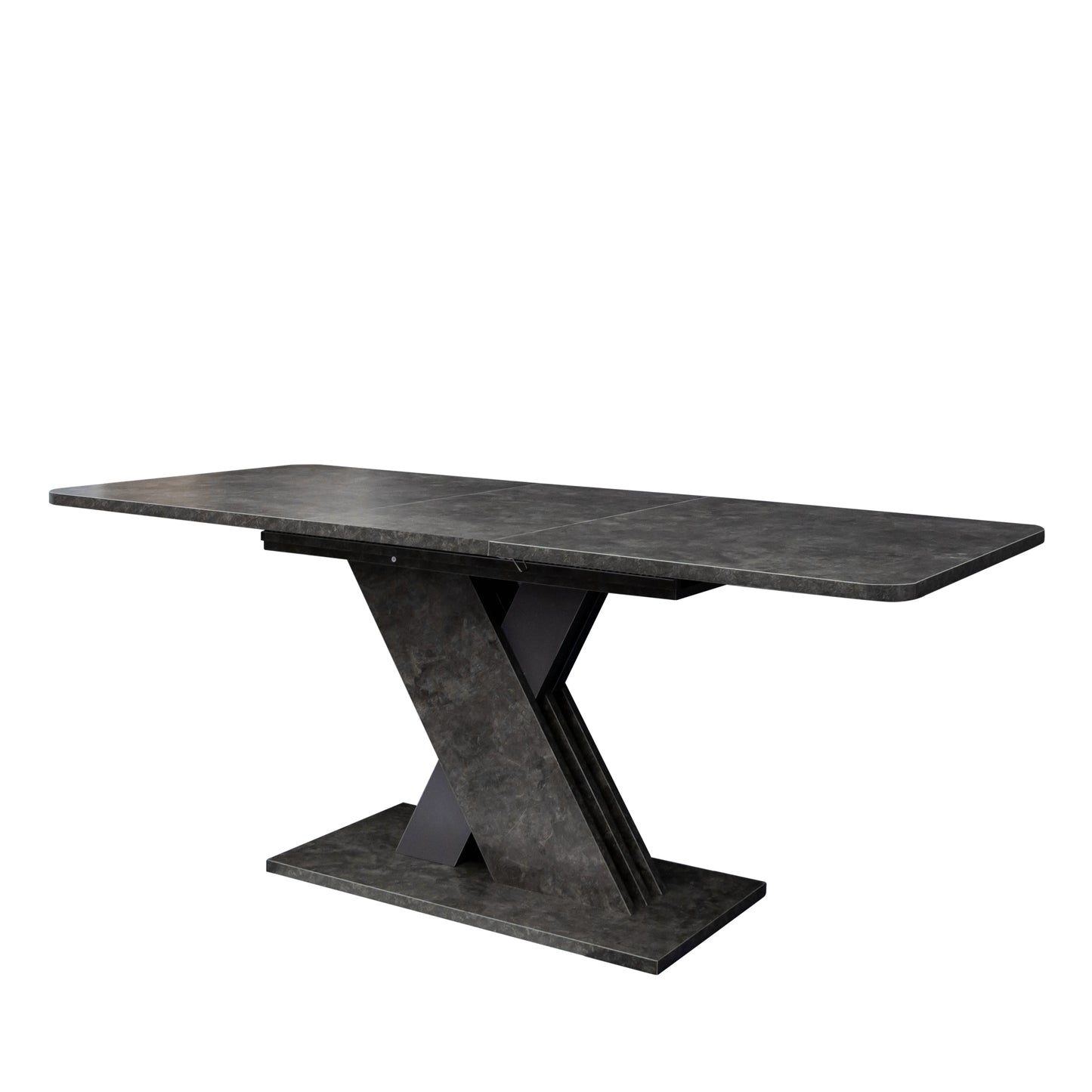 Dark grey extending dining table with modern Xshaped pedestal base