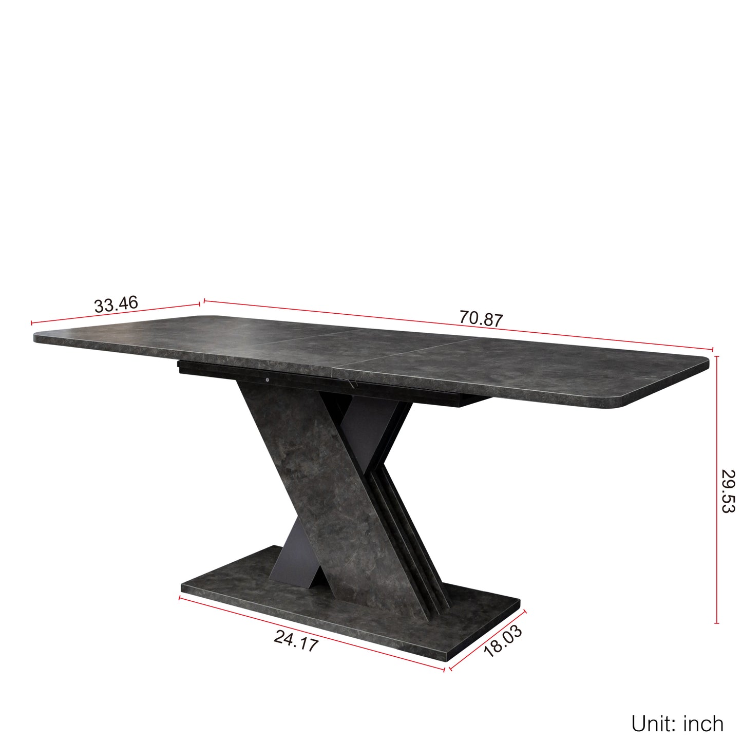 Modern extendable dining table in dark grey stone finish with Xshaped pedestal base
