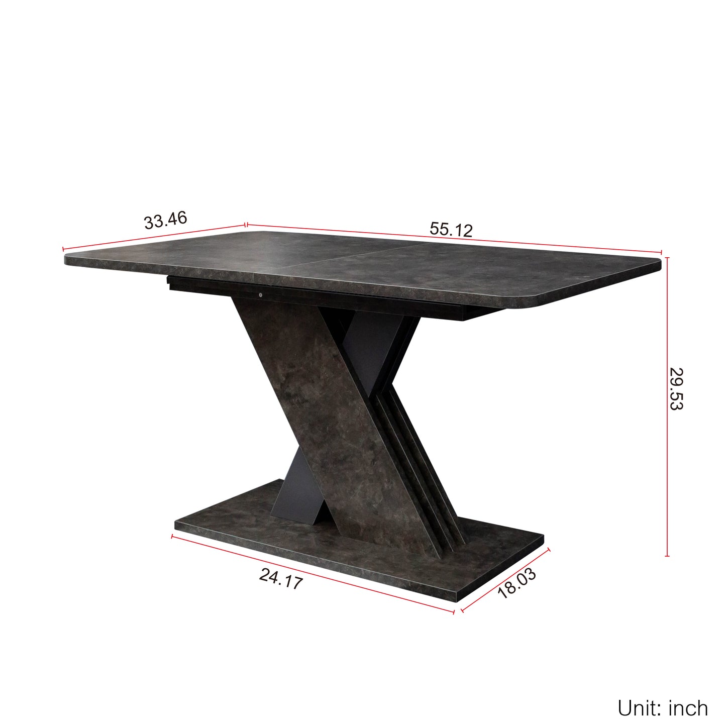 Dark gray modern dining table with a unique geometric base and textured finish
