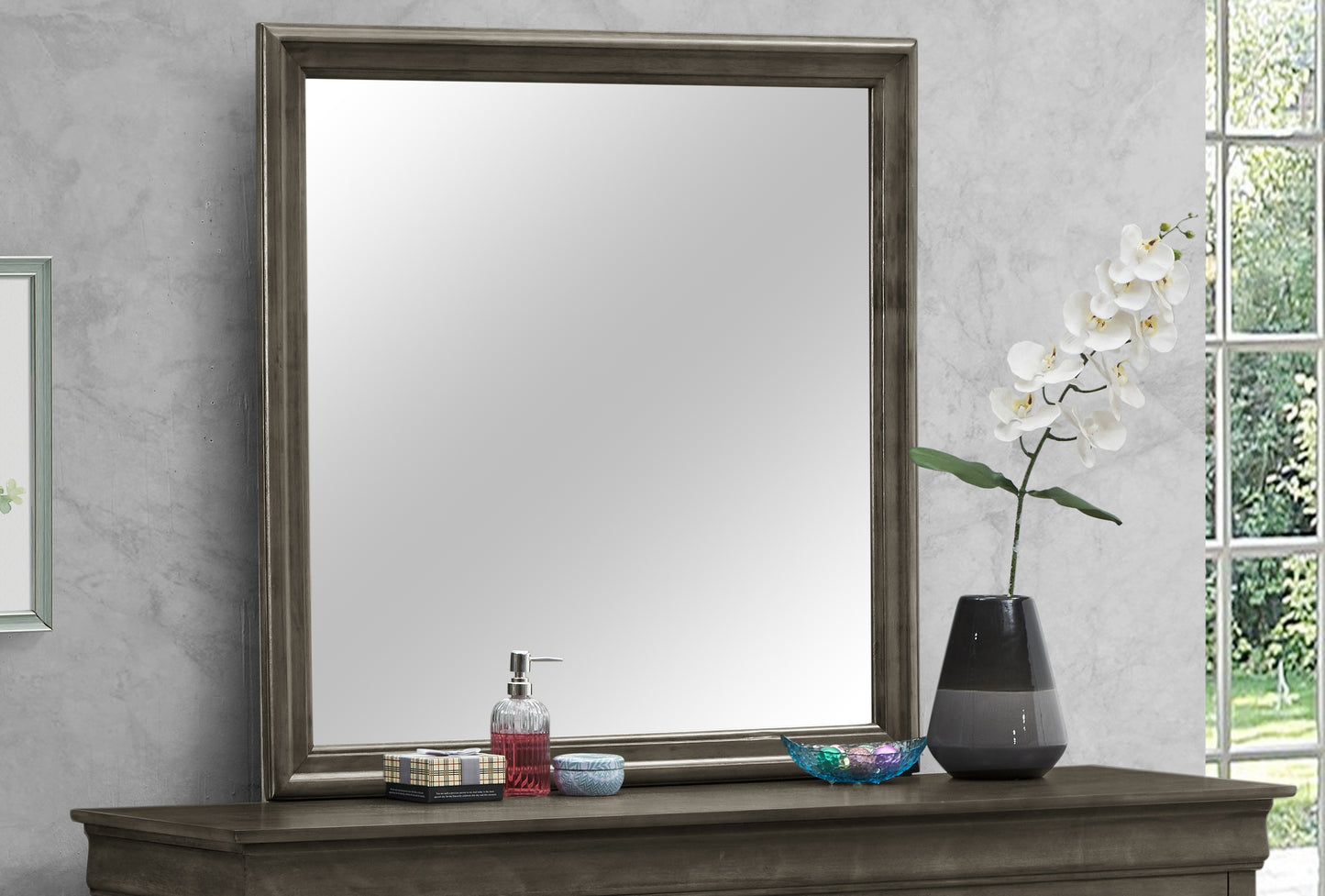 Antique silver wood framed vanity mirror