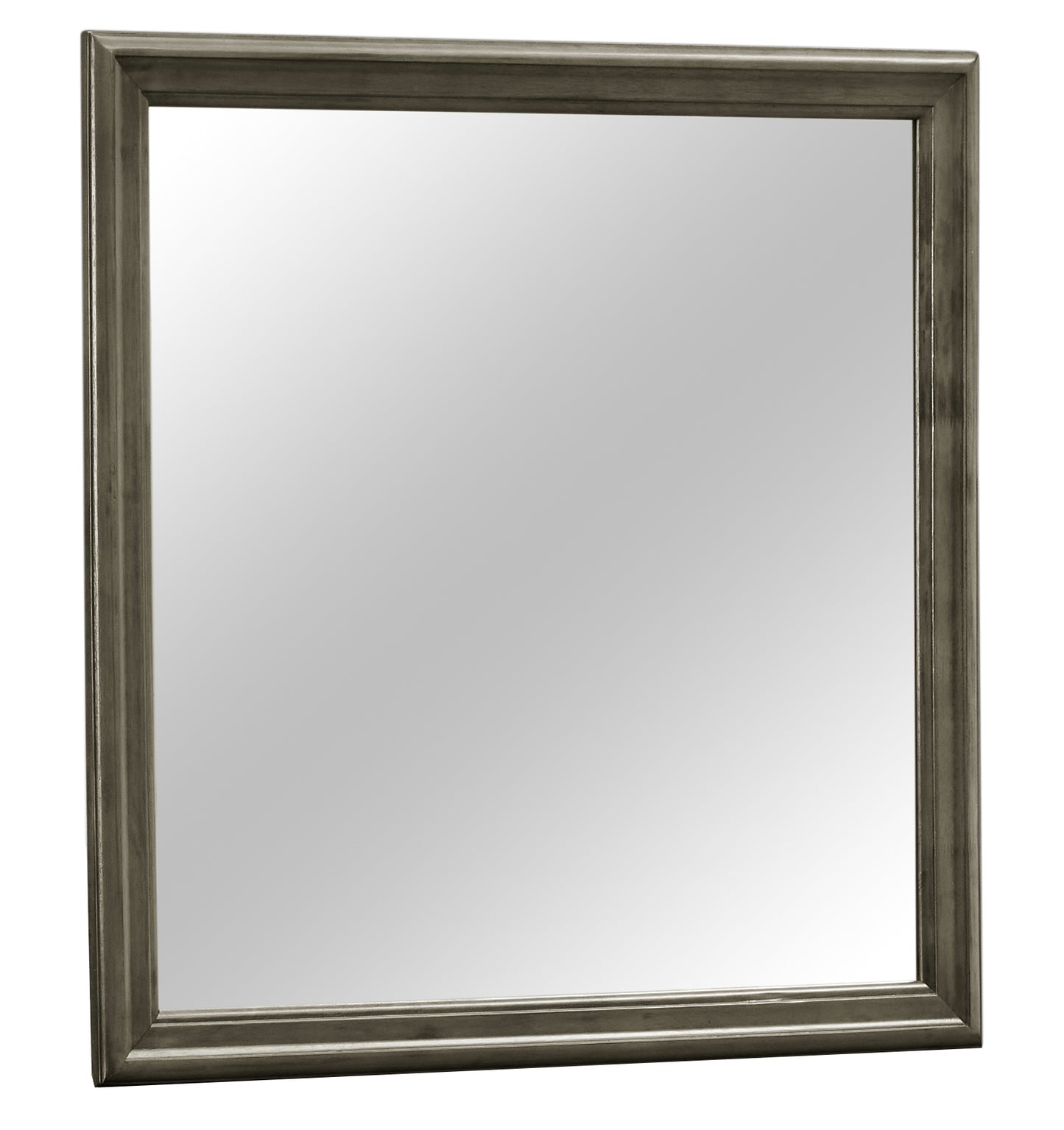 Gray framed square mirror with detailed molding