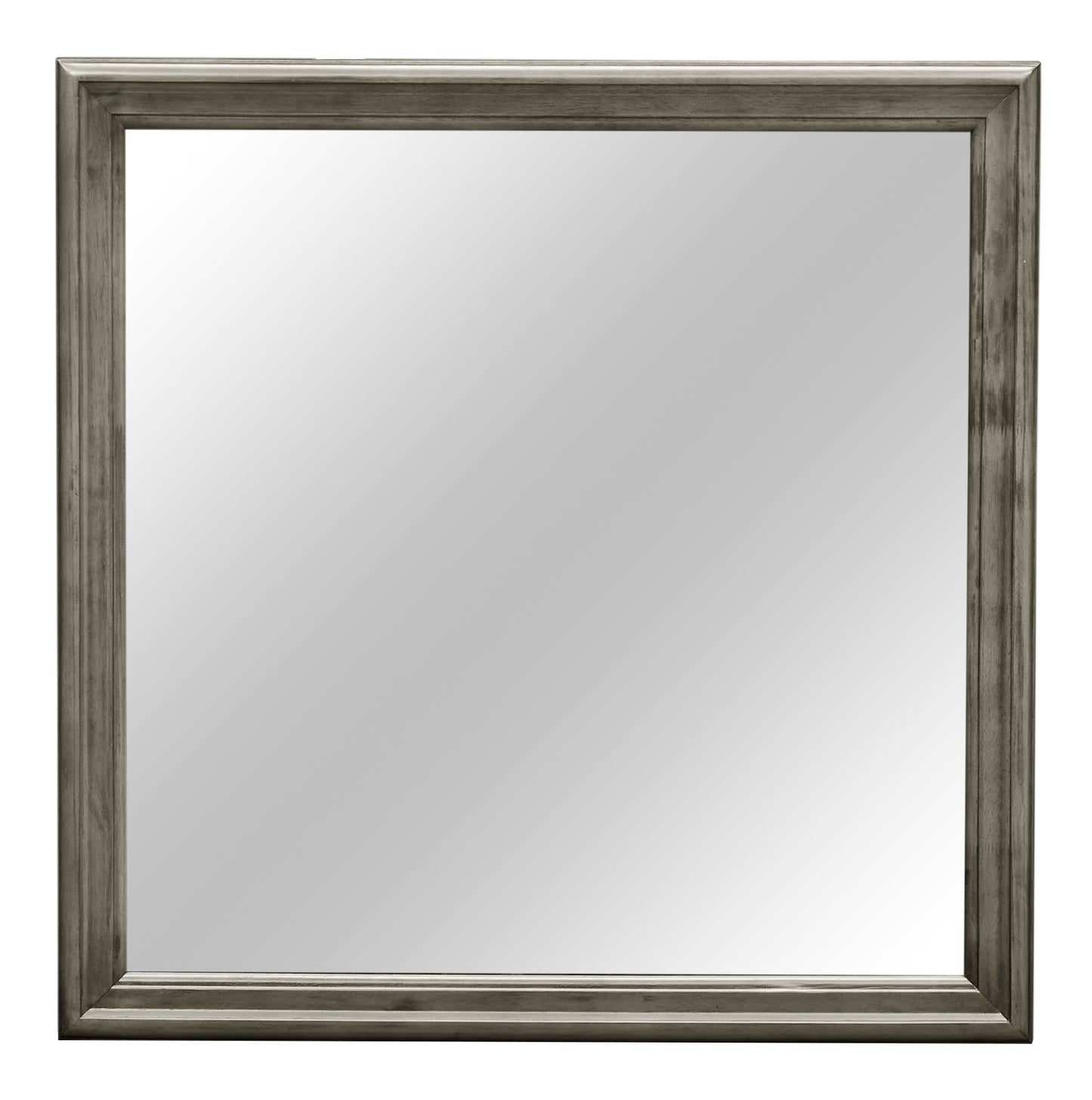 Distressed gray wooden framed rectangular mirror with beaded accent