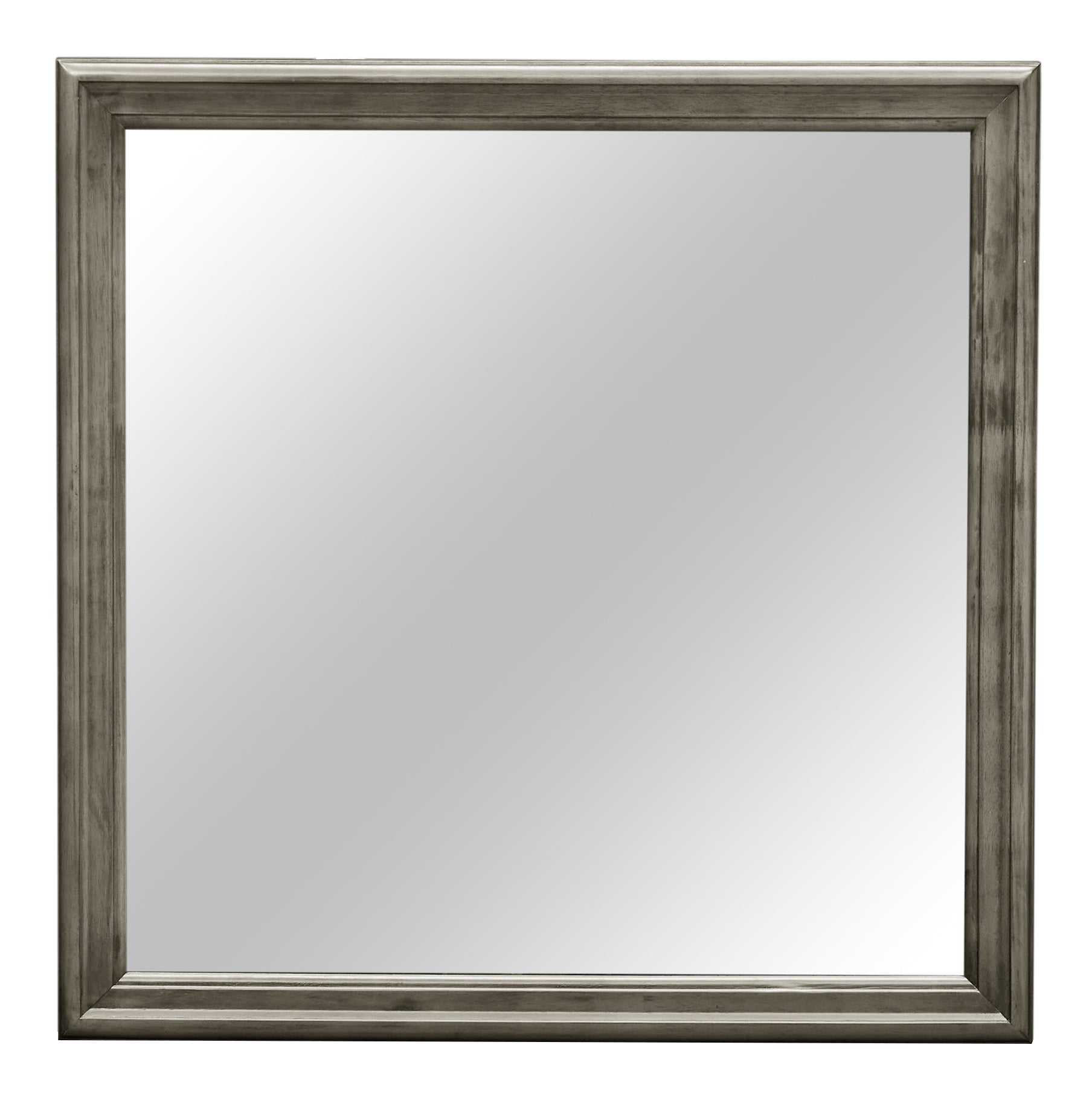 Distressed gray wooden framed rectangular mirror with beaded accent