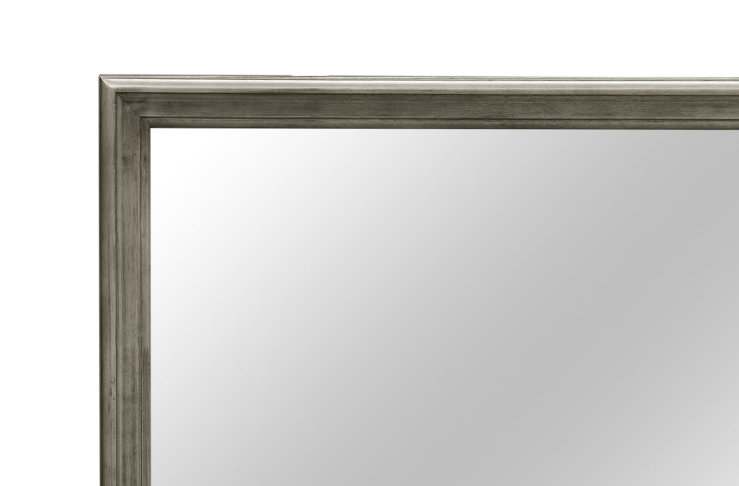 Gray wood framed mirror with ornate molding detail