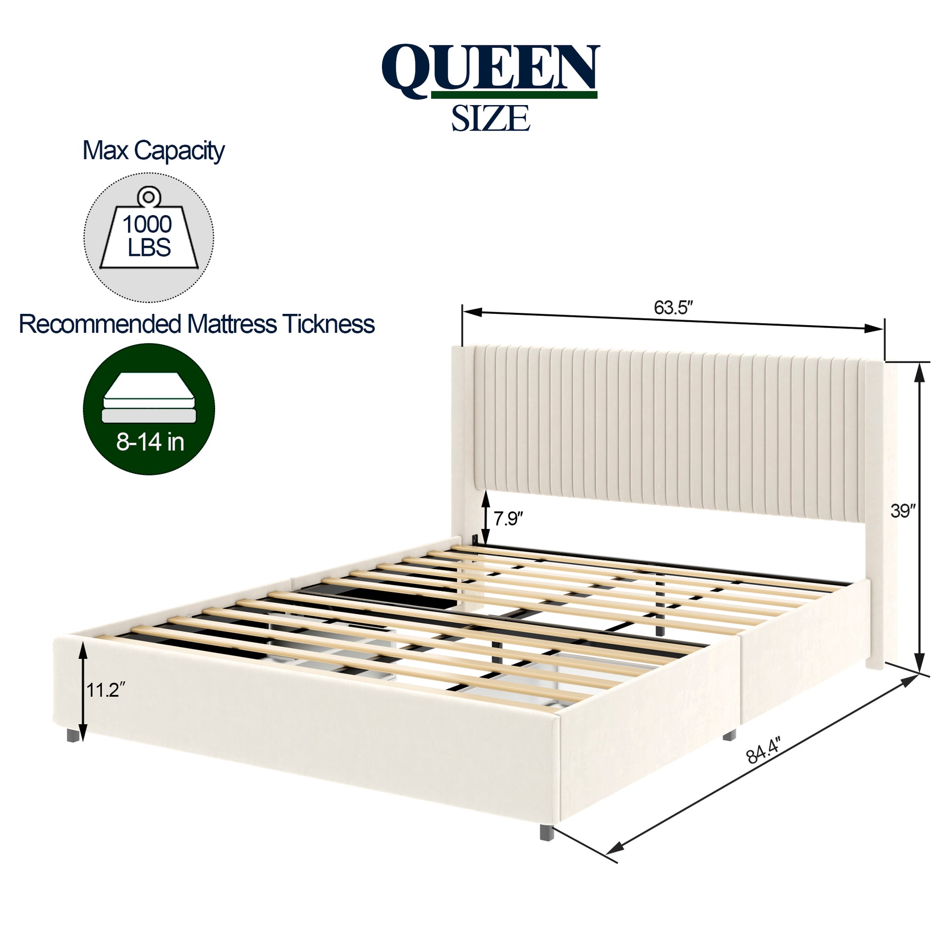 Queen size upholstered bed frame with fluted headboard and wooden slats