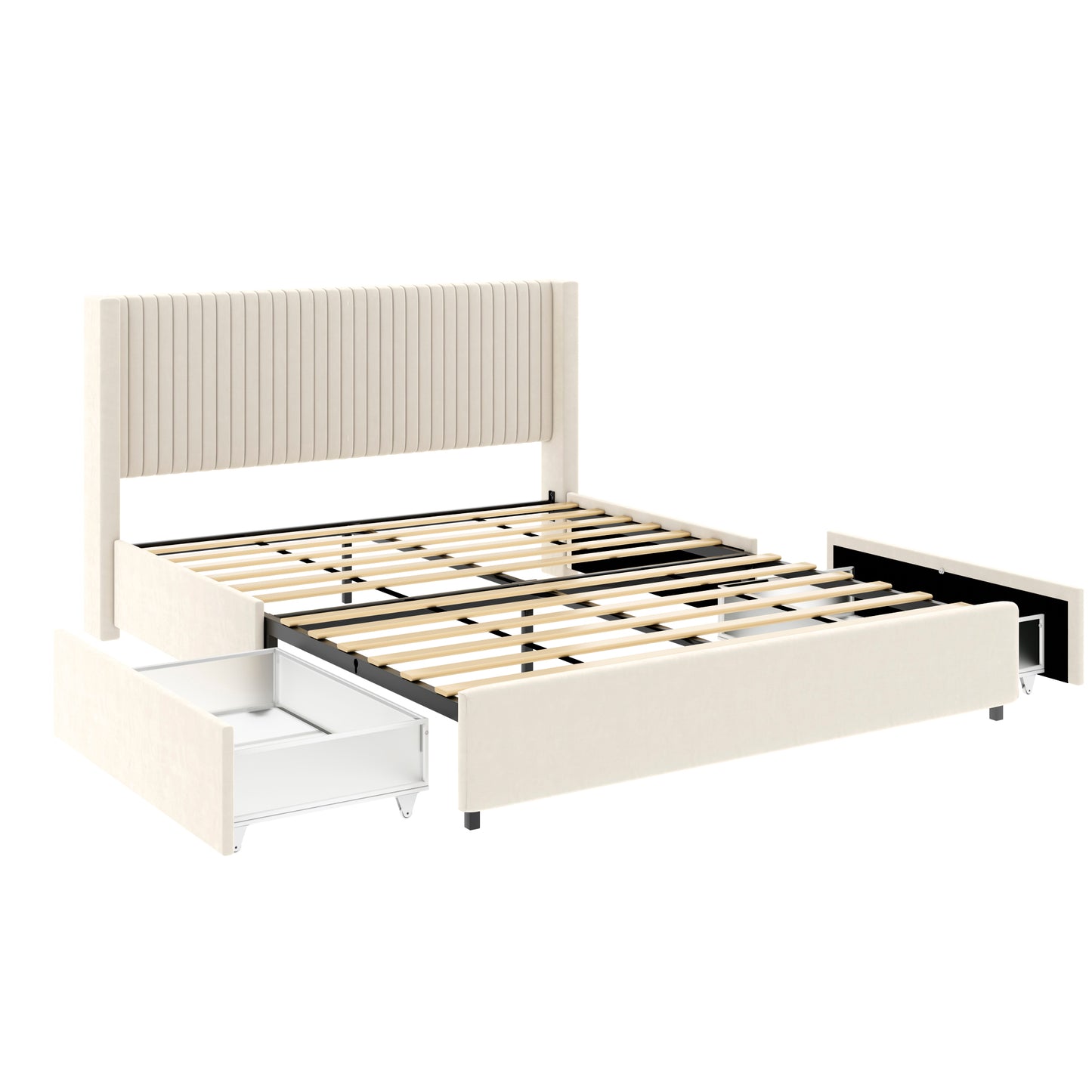 Cream upholstered bed frame with vertical headboard slats and two builtin storage drawers