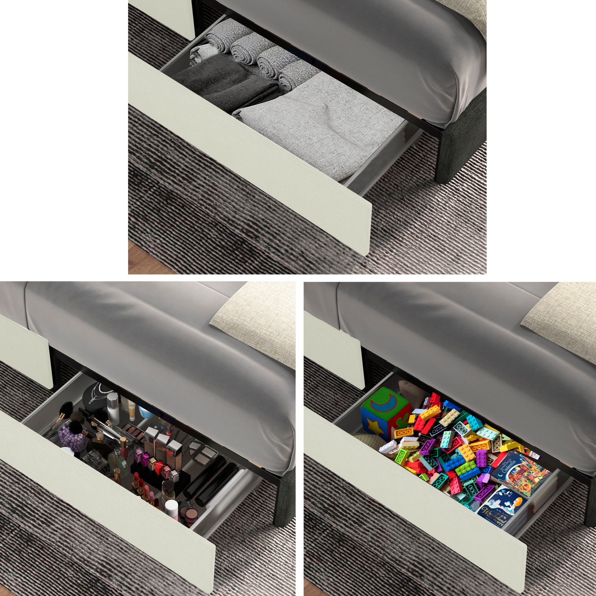 Bed with open drawer showing neatly folded grey linens and towels