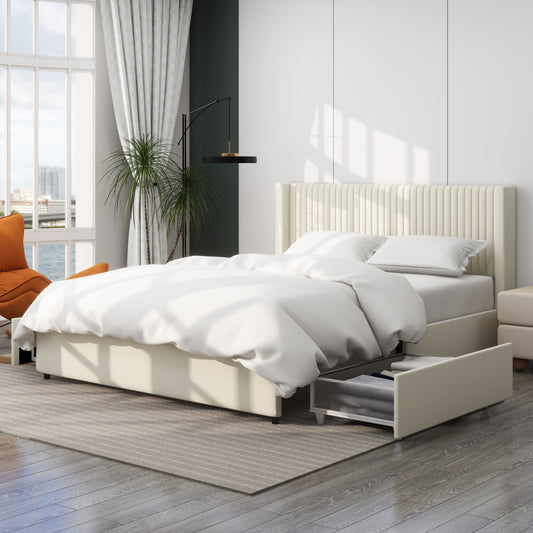 Cream upholstered bed frame with fluted headboard and open storage drawer