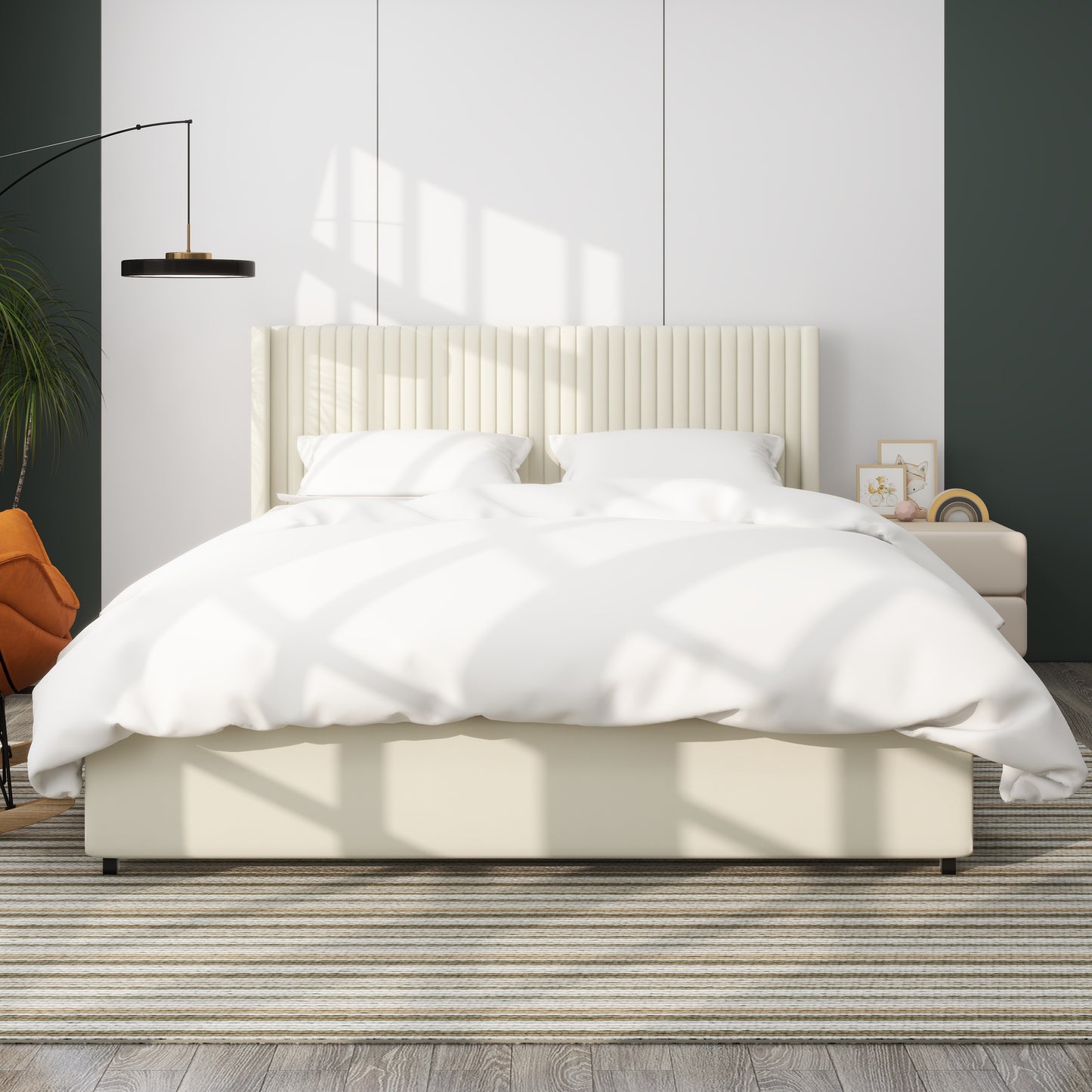 Cream upholstered bed frame with plush headboard