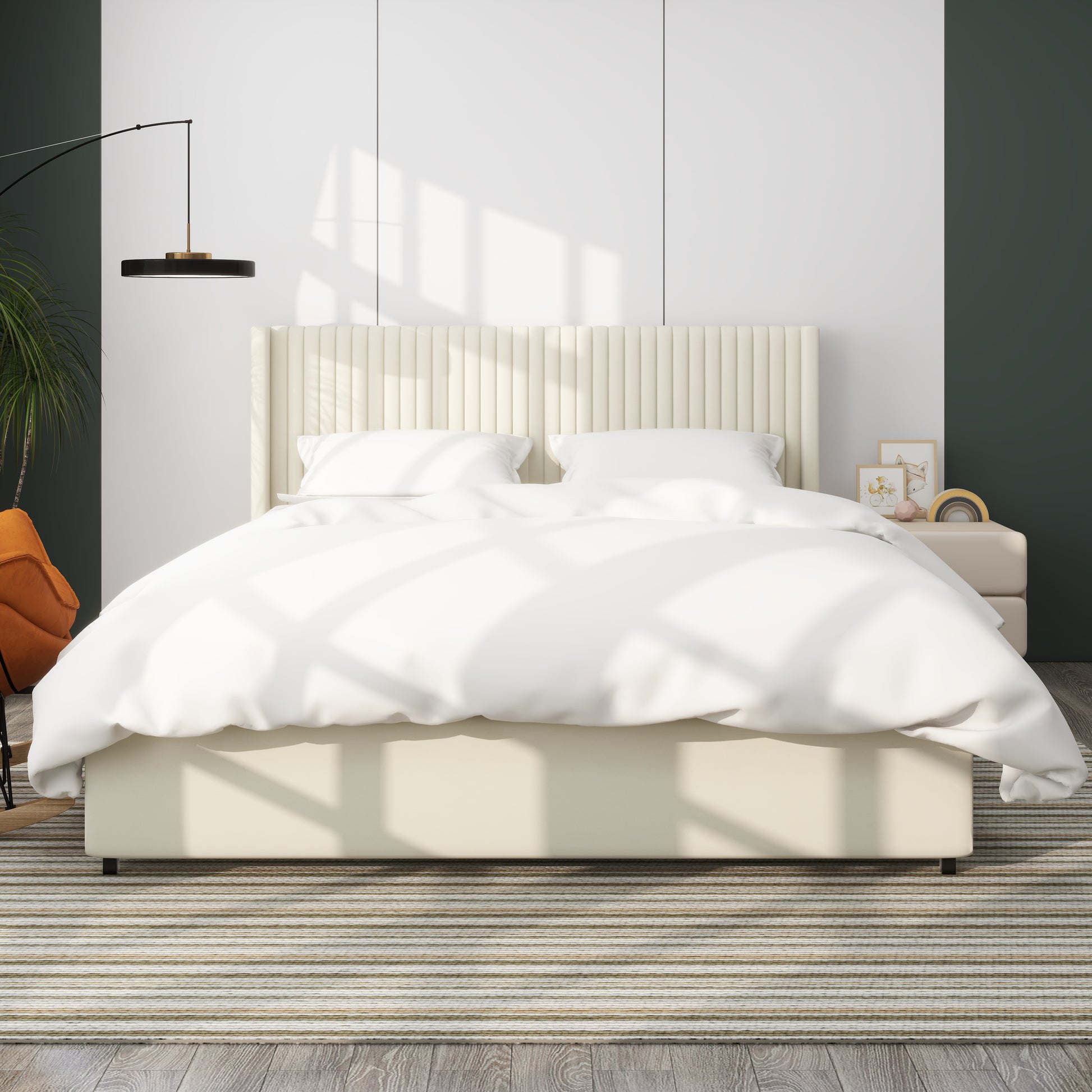 Cream upholstered bed frame with plush headboard