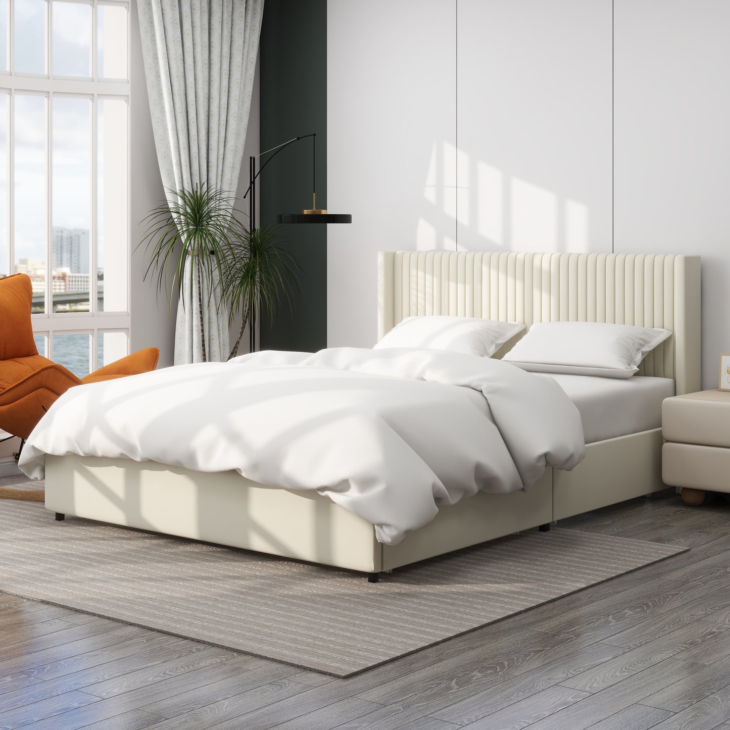 Cream upholstered bed frame with fluted headboard and storage