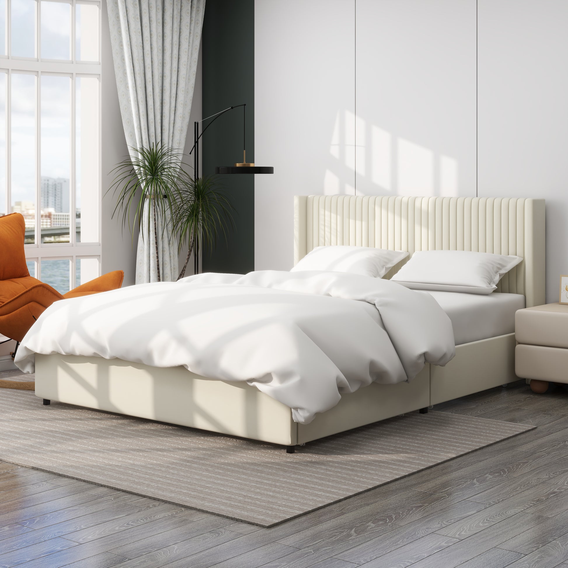Cream upholstered bed frame with fluted headboard and storage