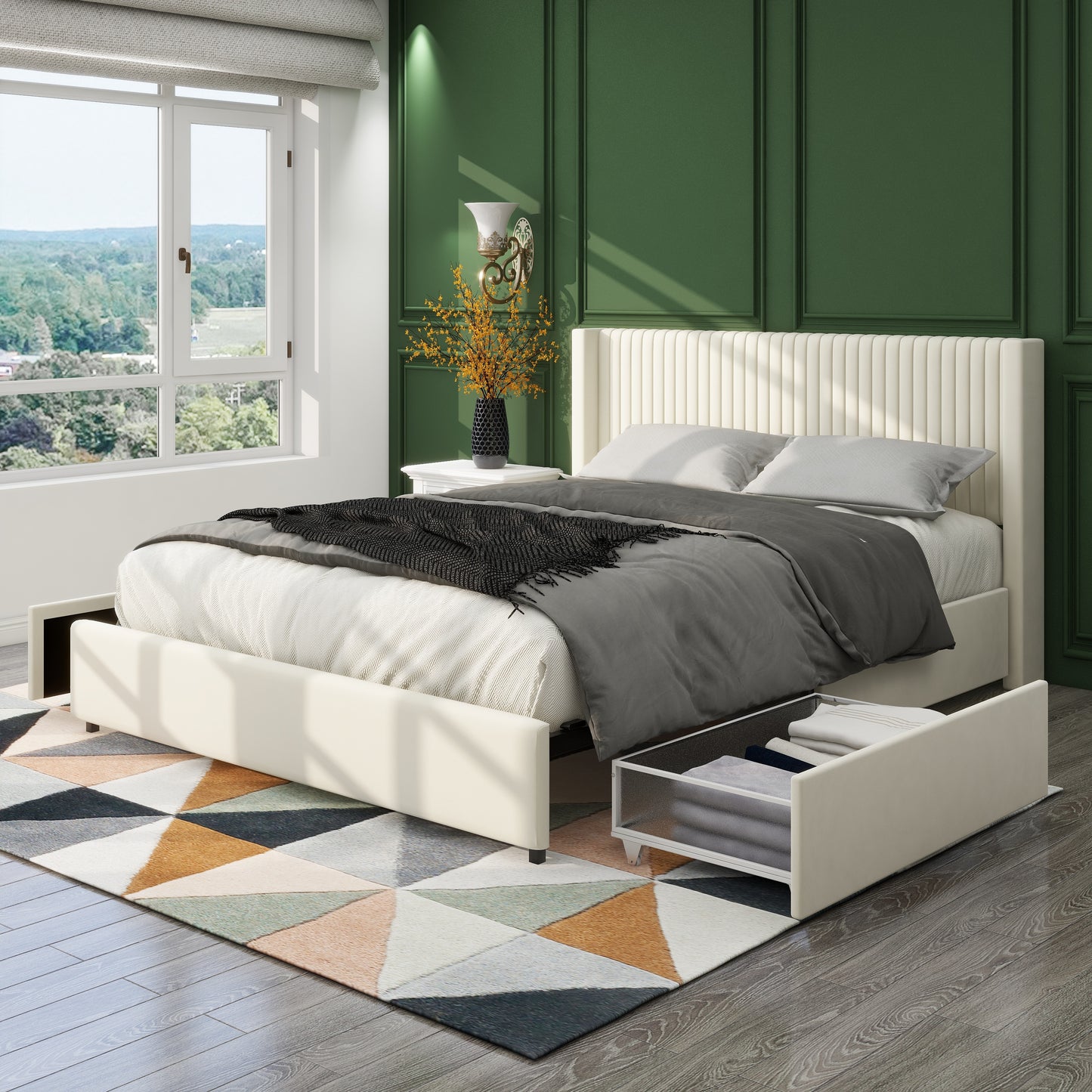 Cream upholstered platform bed with vertical channel tufting and storage drawers