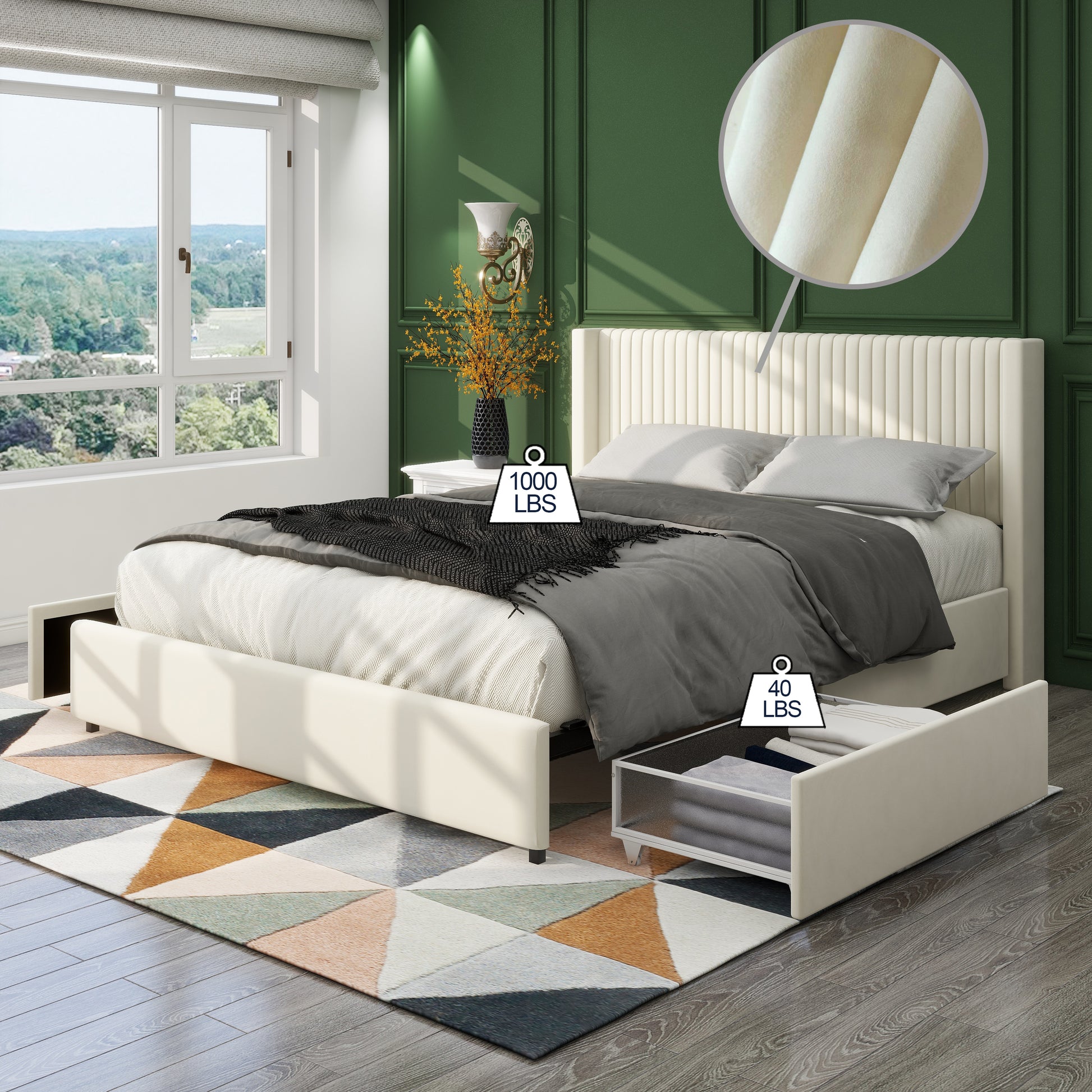 Cream velvet platform bed with fluted headboard and storage drawers