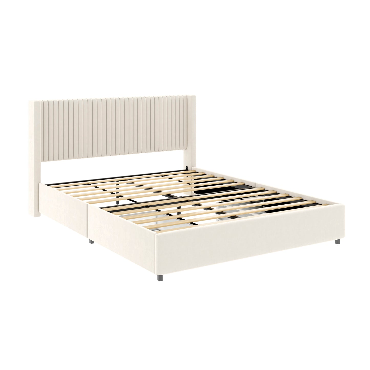 Cream upholstered platform bed frame with vertical channel tufted headboard