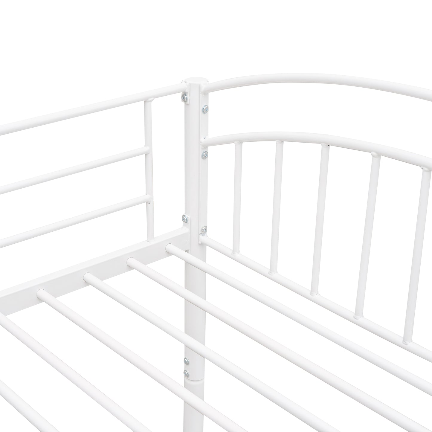 White metal twin bed frame with rounded headboard and footboard