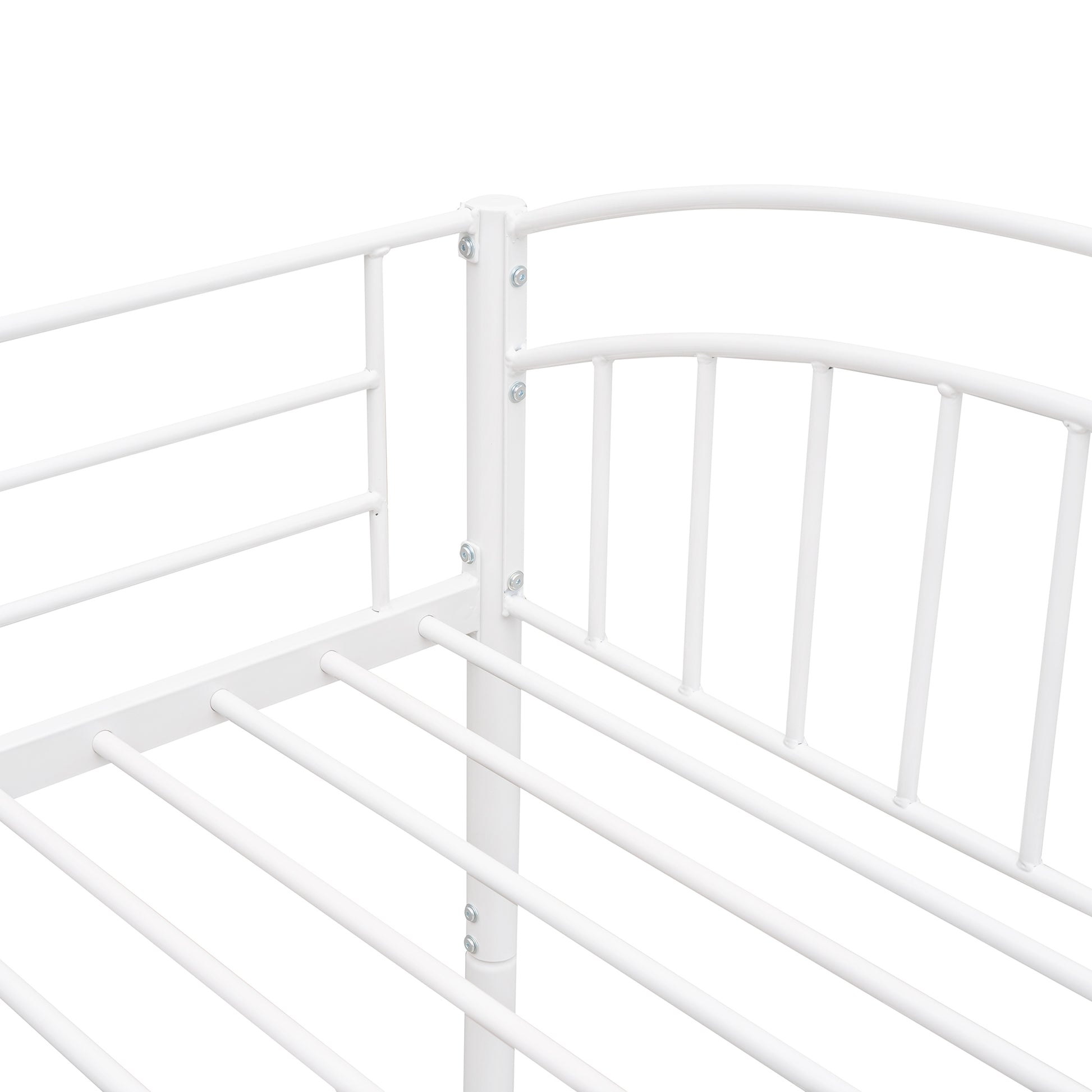 White metal twin bed frame with rounded headboard and footboard