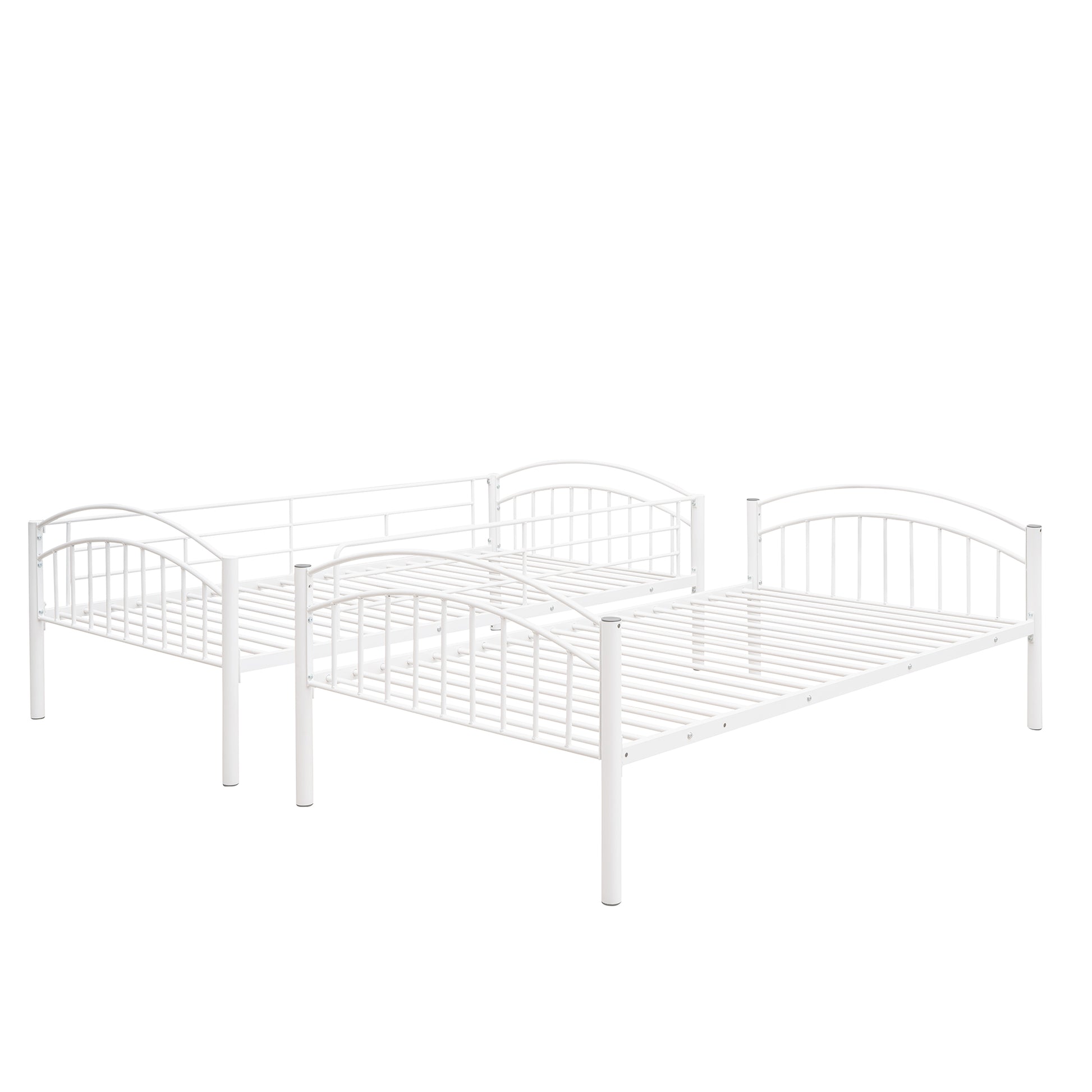 White metal twin bunk beds with curved headboards