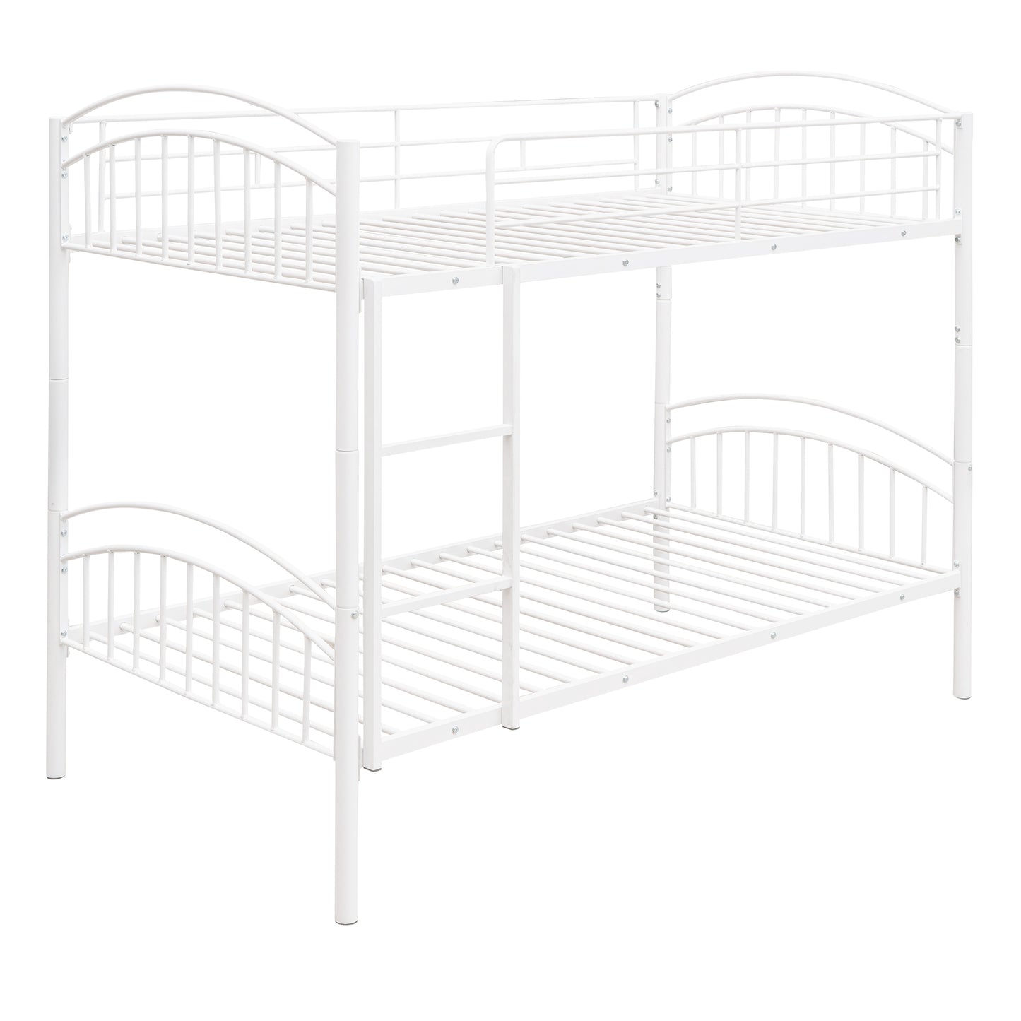 White metal twin bunk bed with arched headboards and integrated ladder