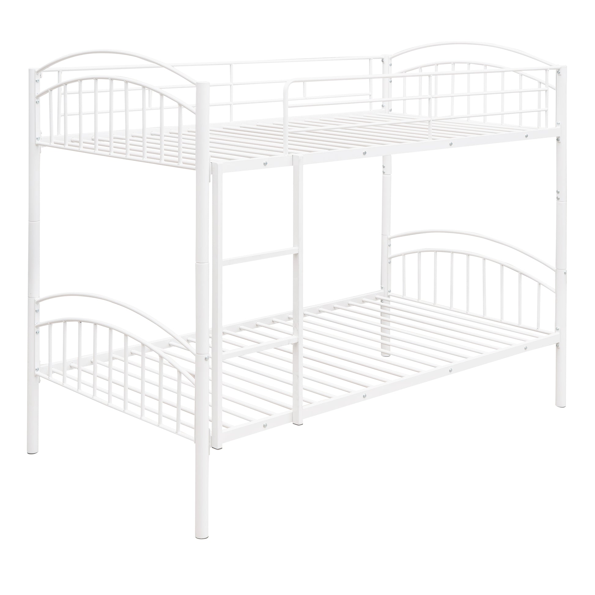 White metal twin bunk bed with arched headboards and integrated ladder