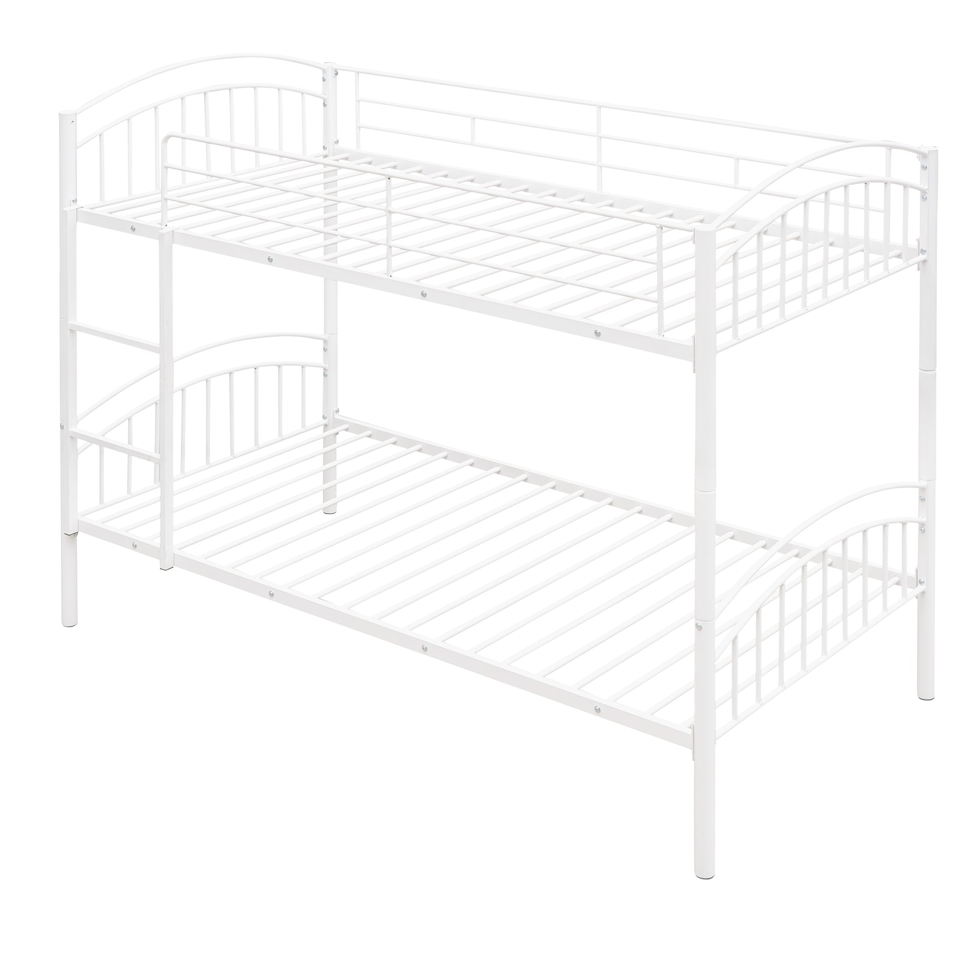 White metal twin over twin bunk bed with ladder and arched headboards