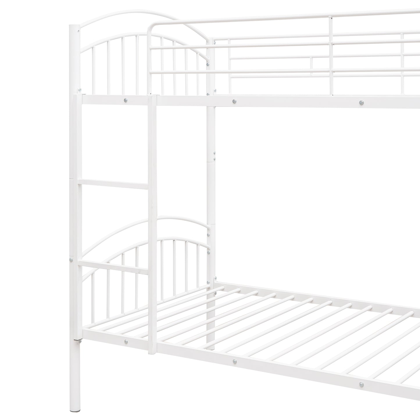 White metal bunk bed frame with arched headboards and side rails
